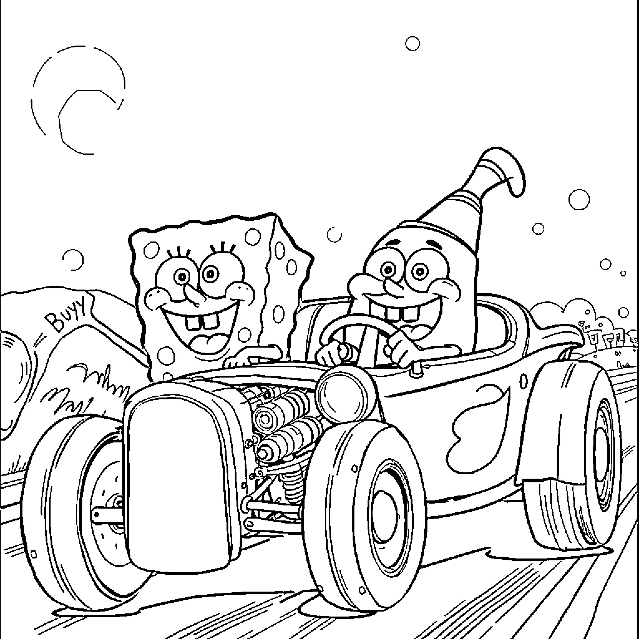 Spongebob and Patrick riding in a wacky car Coloring Page (free black-and-white line drawing printable PDF for all, from beginners to advanced learners, including children, teens, adults, and seniors)