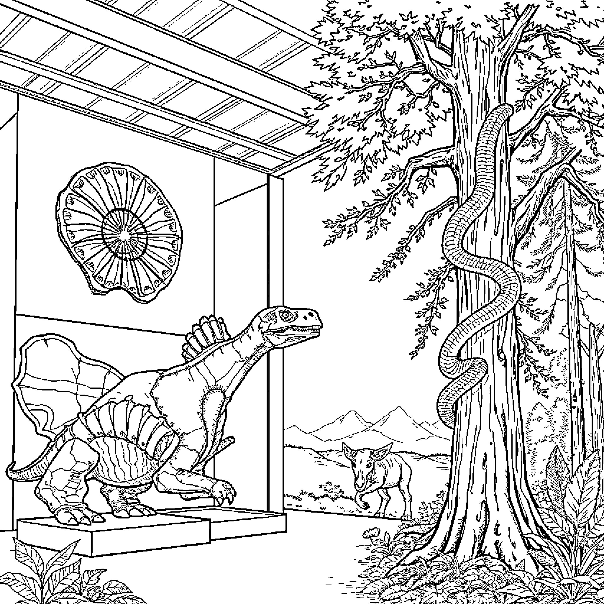 Fossil displays of ancient creatures in a lush forest setting Coloring Page (free black-and-white line drawing printable PDF for all, from beginners to advanced learners, including children, teens, adults, and seniors)
