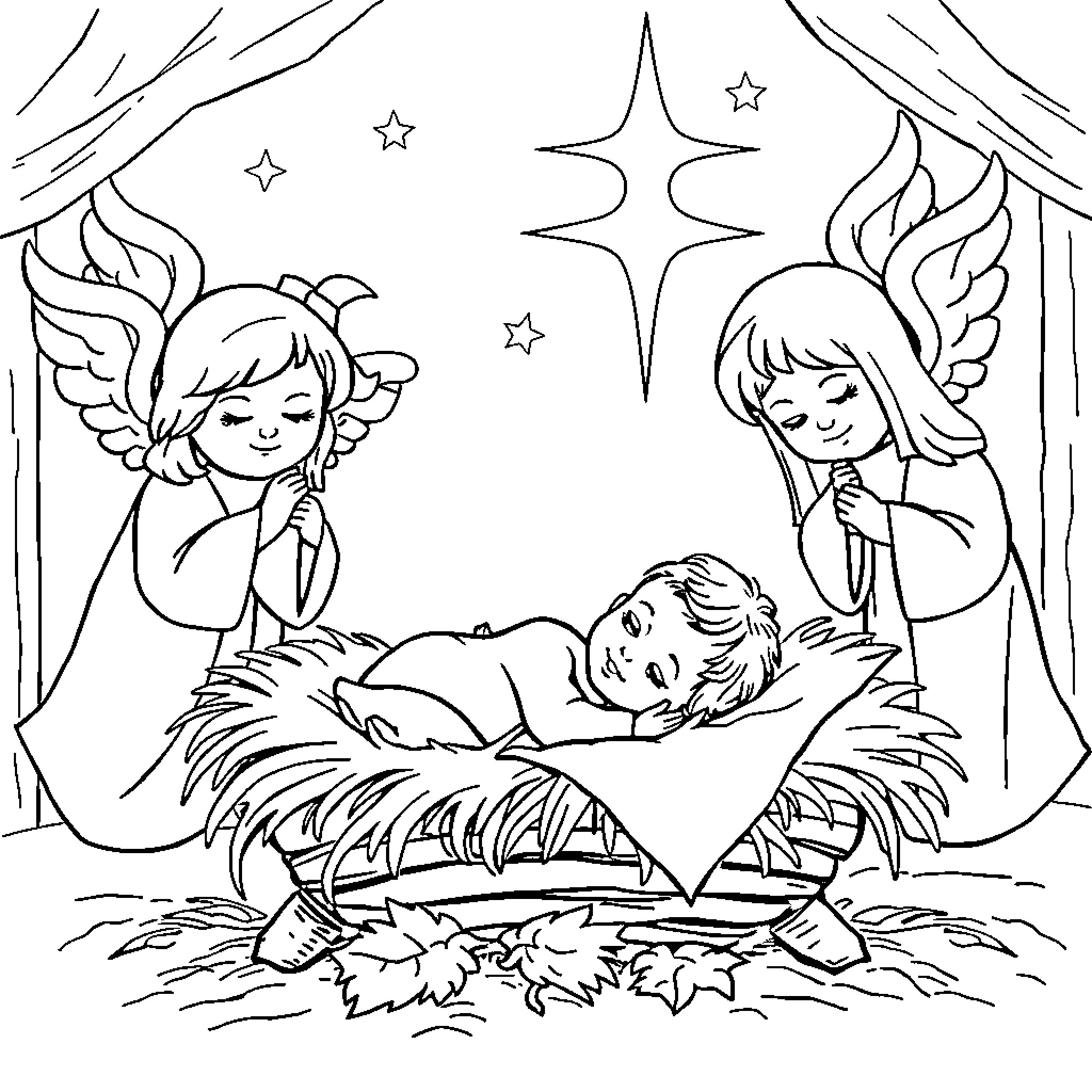 Baby Jesus sleeping in the manger with angels watching over Coloring Page (free black-and-white line drawing printable PDF for all, from beginners to advanced learners, including children, teens, adults, and seniors)