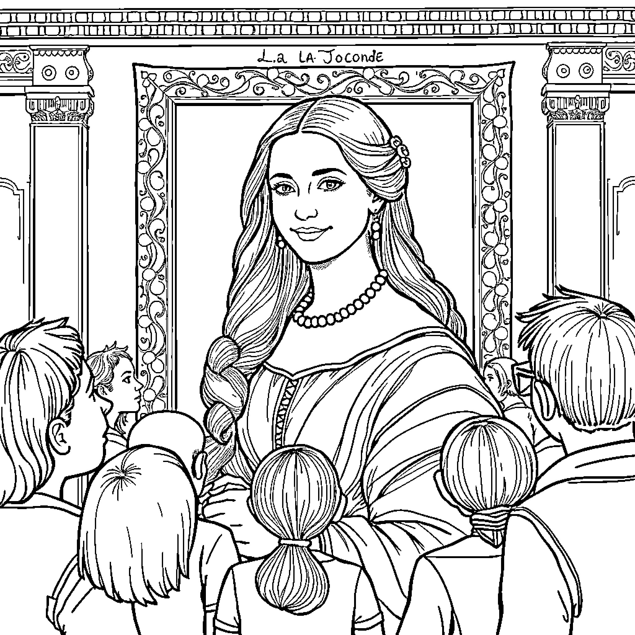 Mona Lisa portrait with crowd in ornate frame Coloring Page (free black-and-white line drawing printable PDF for all, from beginners to advanced learners, including children, teens, adults, and seniors)