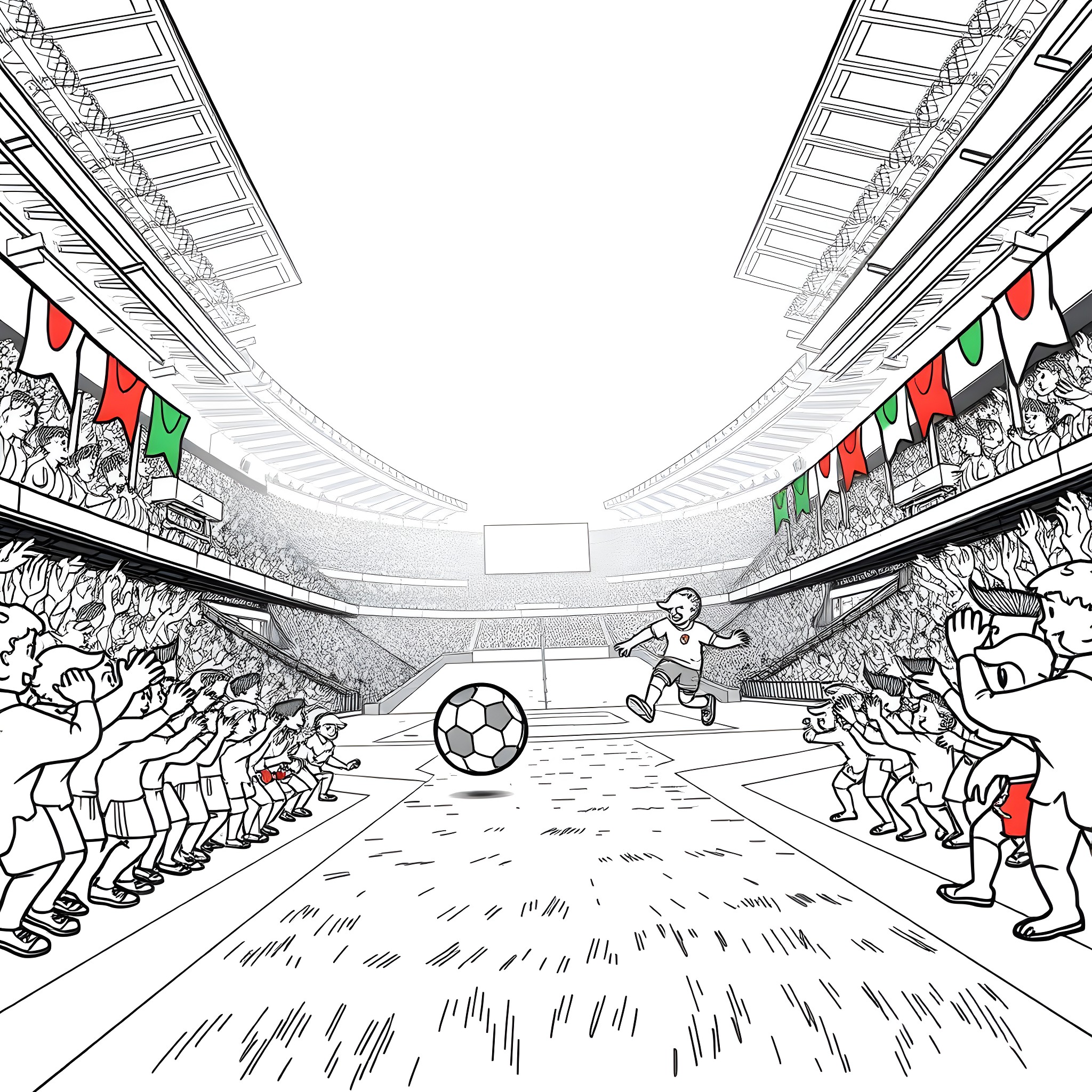 Character playing soccer in crowded sports stadium Coloring Page (free black-and-white line drawing printable PDF for all, from beginners to advanced learners, including children, teens, adults, and seniors)