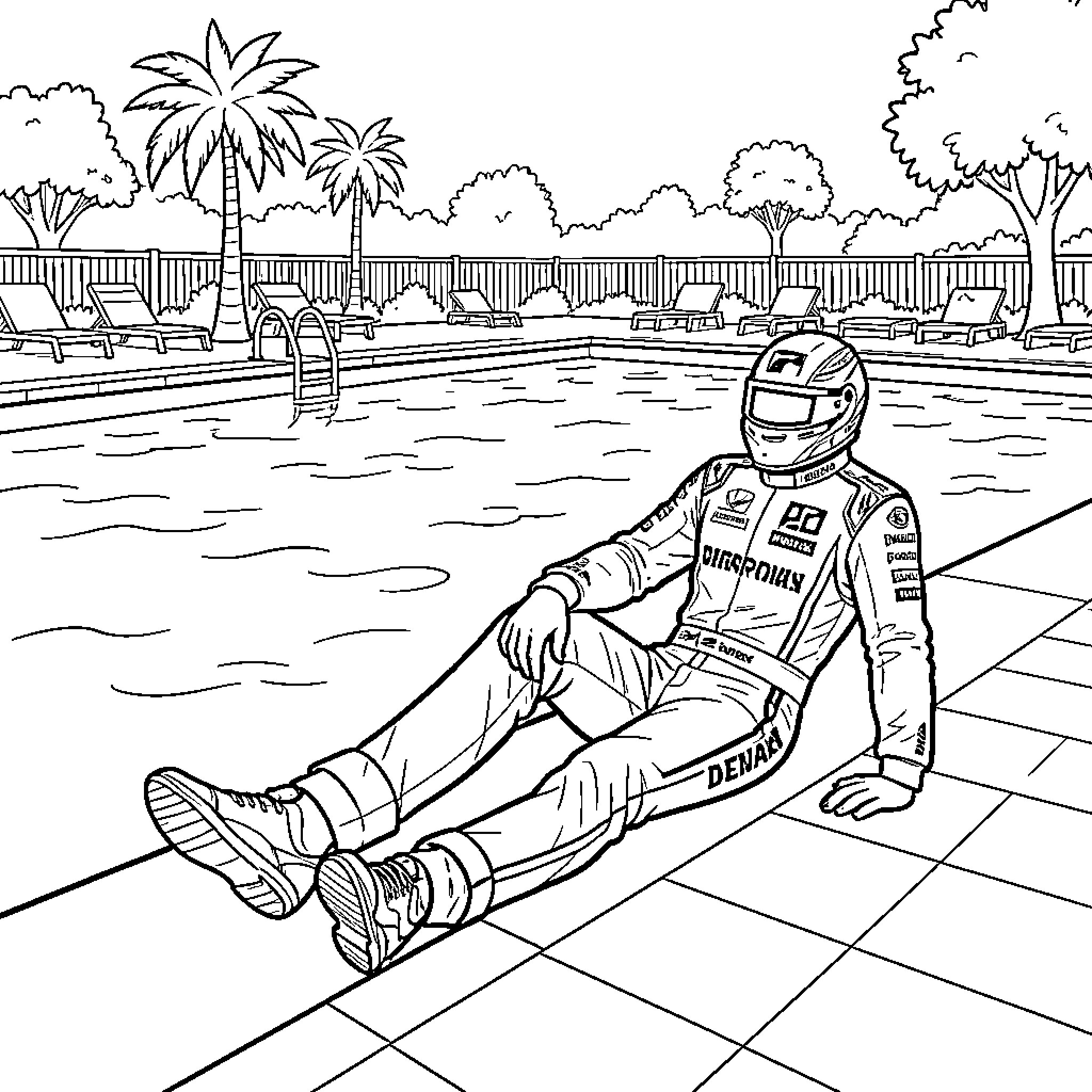 F1 Pilot relaxing by the swimming pool Coloring Page (free black-and-white line drawing printable PDF for all, from beginners to advanced learners, including children, teens, adults, and seniors)