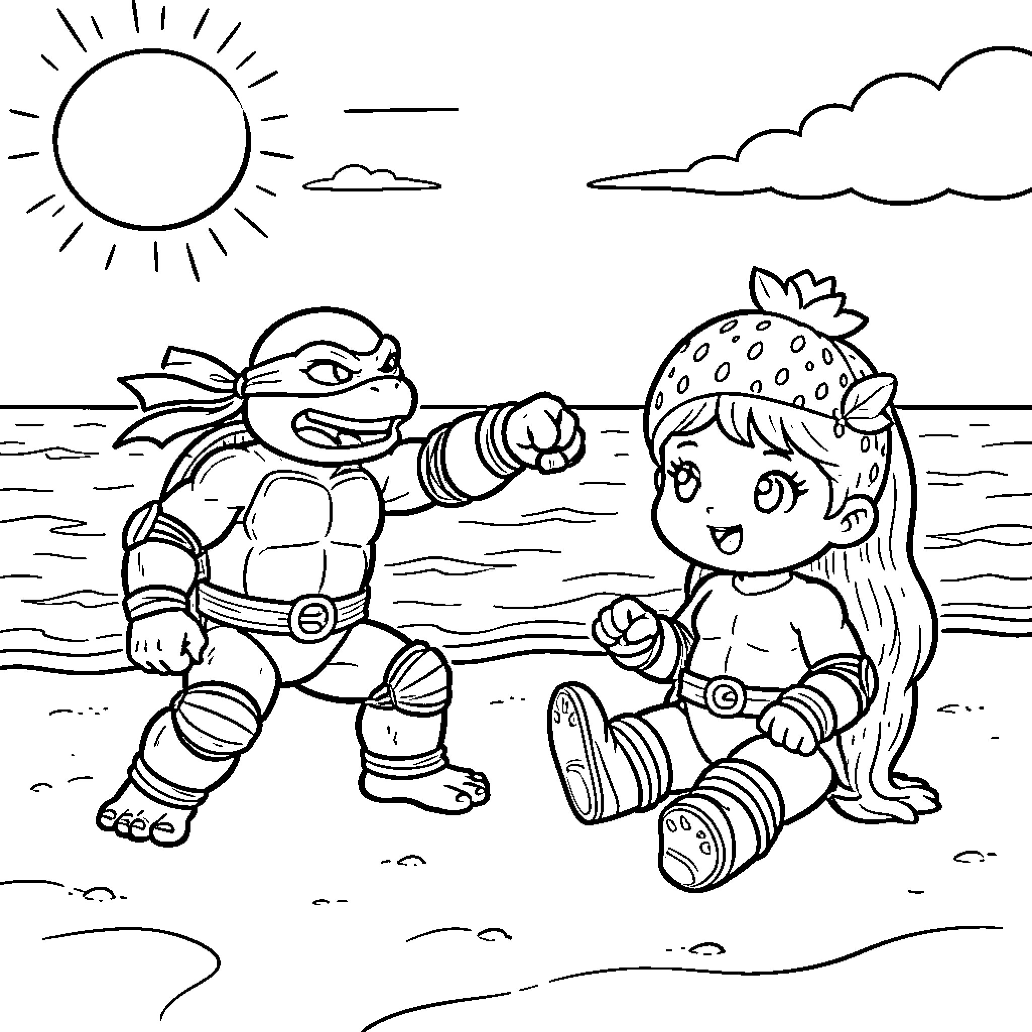Ninja Turtle fighting a girl on the beach Coloring Page (free black-and-white line drawing printable PDF for all, from beginners to advanced learners, including children, teens, adults, and seniors)