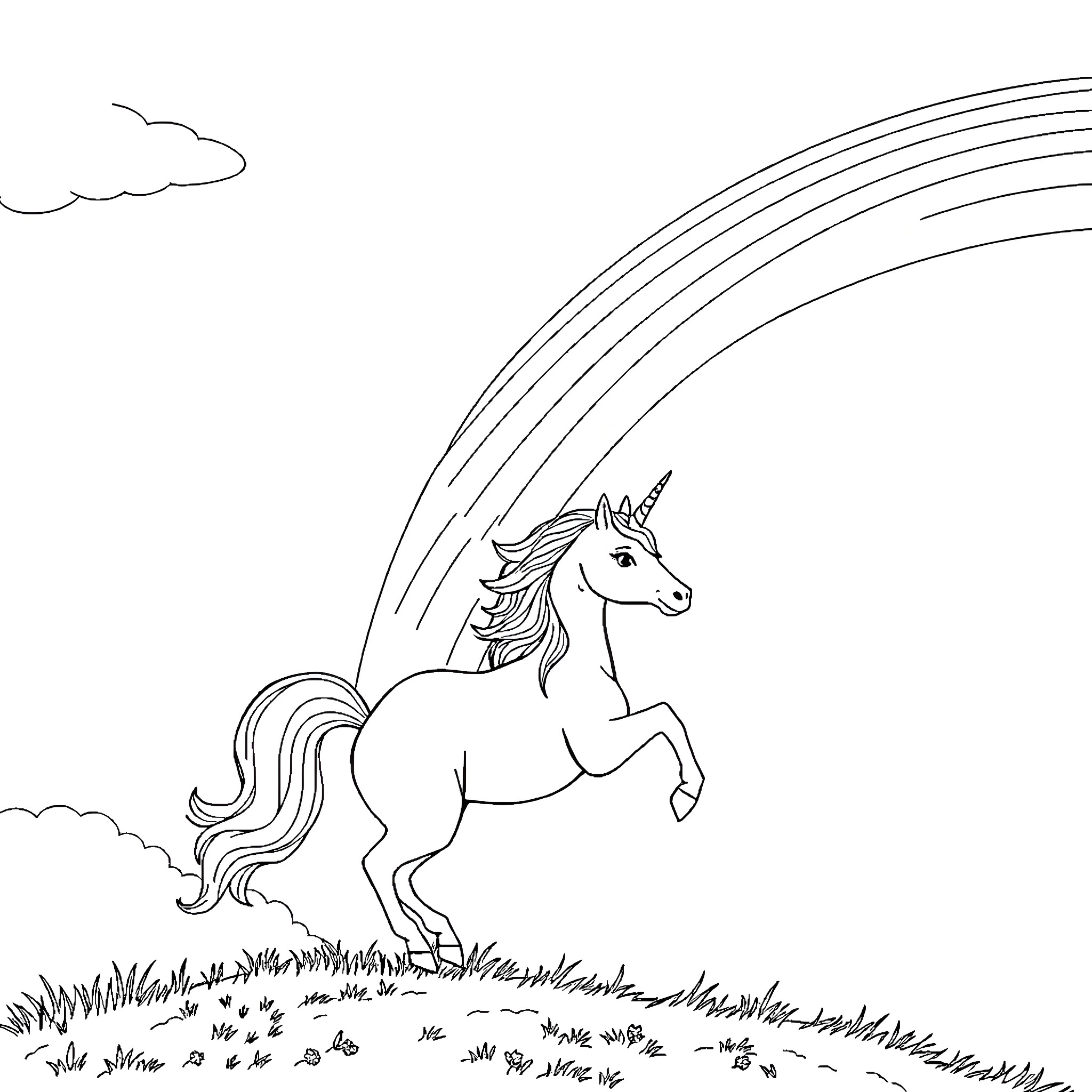 Unicorn galloping through a magical field Coloring Page (free black-and-white line drawing printable PDF for all, from beginners to advanced learners, including children, teens, adults, and seniors)