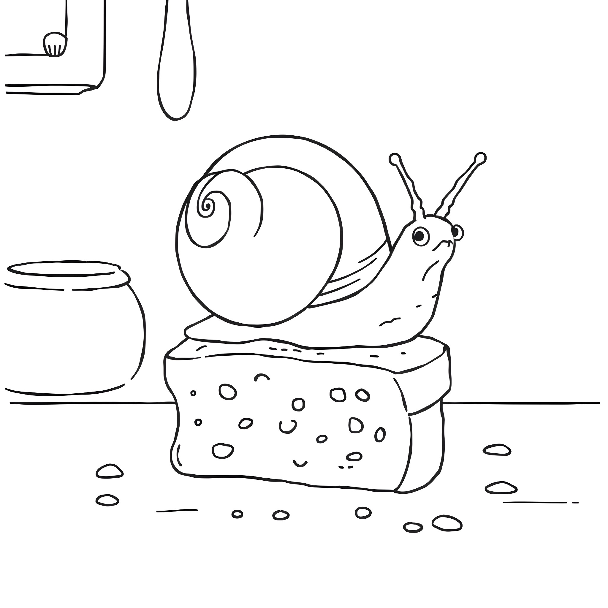 Snail perched on a spotted rock Coloring Page (free black-and-white line drawing printable PDF for all, from beginners to advanced learners, including children, teens, adults, and seniors)