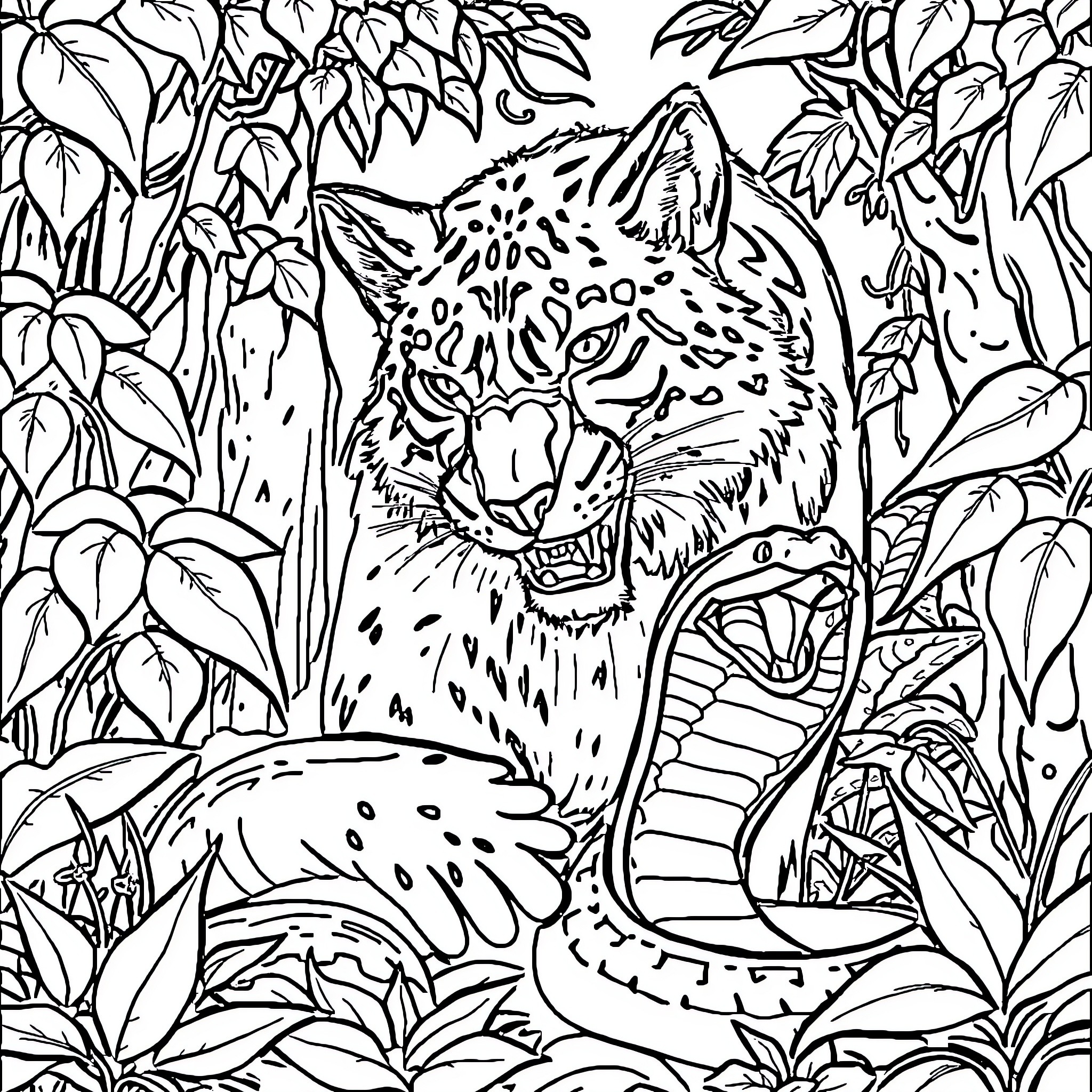 Wolf Amid Lush Foliage and Coiled Snake Coloring Page (free black-and-white line drawing printable PDF for all, from beginners to advanced learners, including children, teens, adults, and seniors)