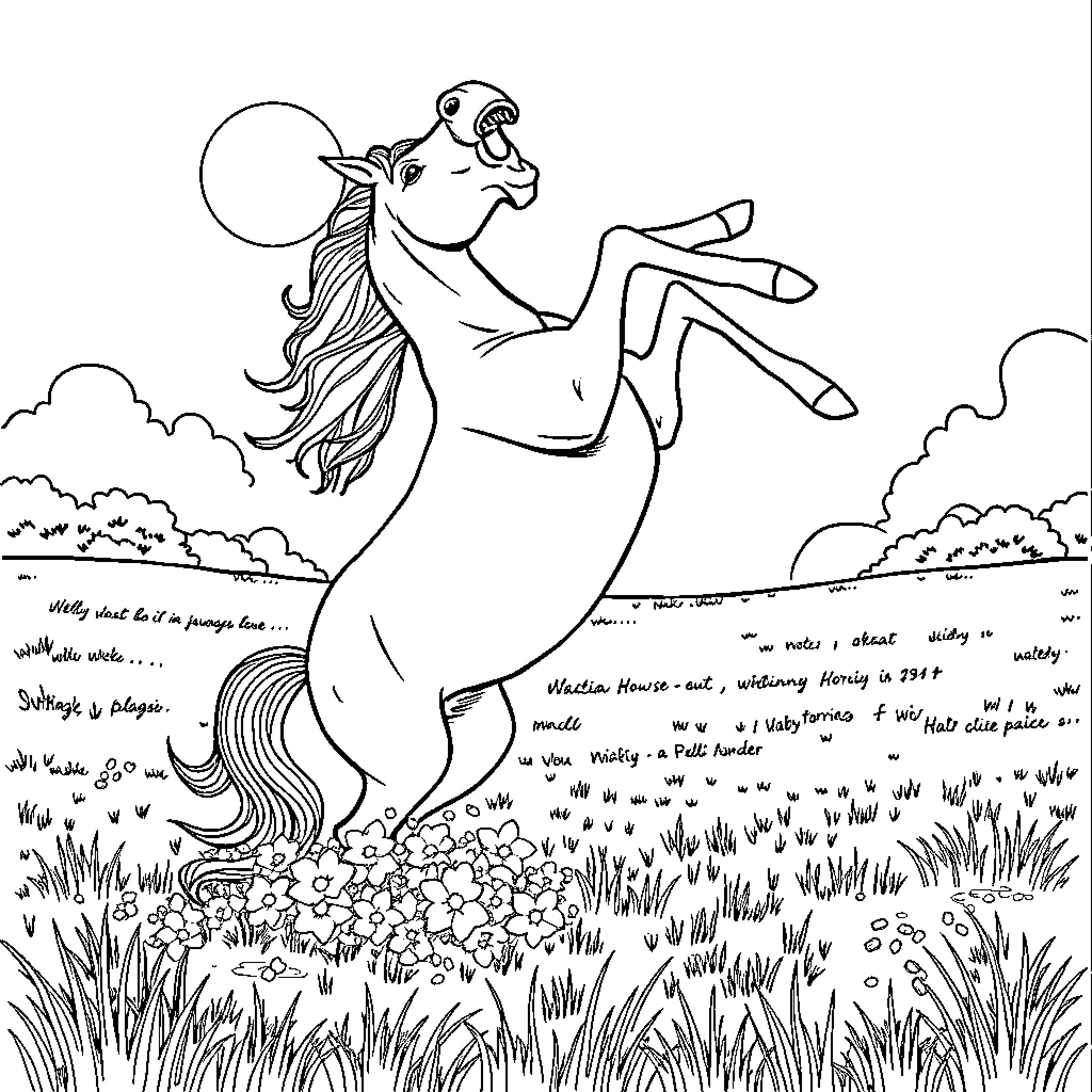 Horse galloping through a magical field Coloring Page (free black-and-white line drawing printable PDF for all, from beginners to advanced learners, including children, teens, adults, and seniors)