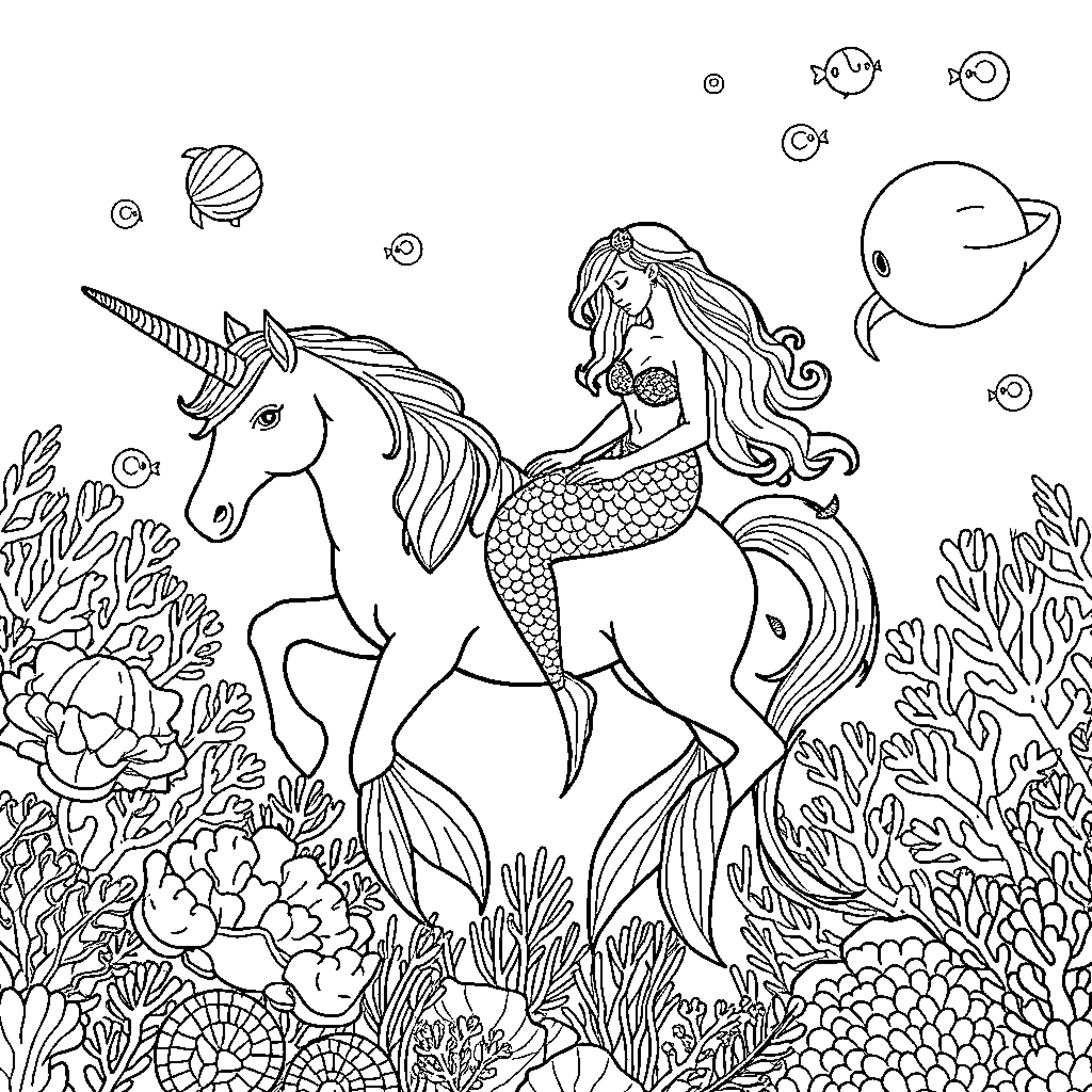 Mermaid riding a majestic unicorn in an underwater fantasy Coloring Page (free black-and-white line drawing printable PDF for all, from beginners to advanced learners, including children, teens, adults, and seniors)