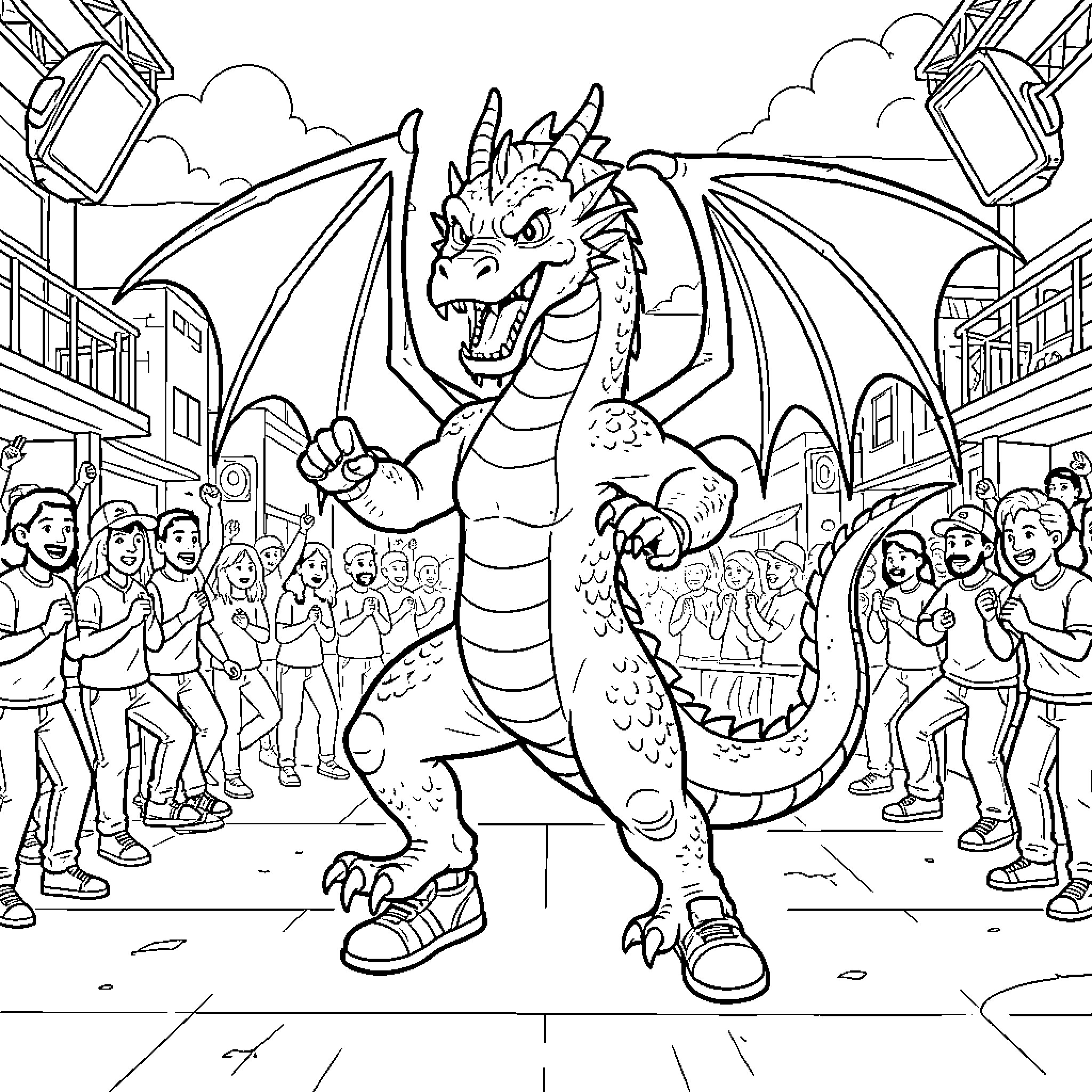 Dragon performing energetically on a stage for a crowd Coloring Page (free black-and-white line drawing printable PDF for all, from beginners to advanced learners, including children, teens, adults, and seniors)