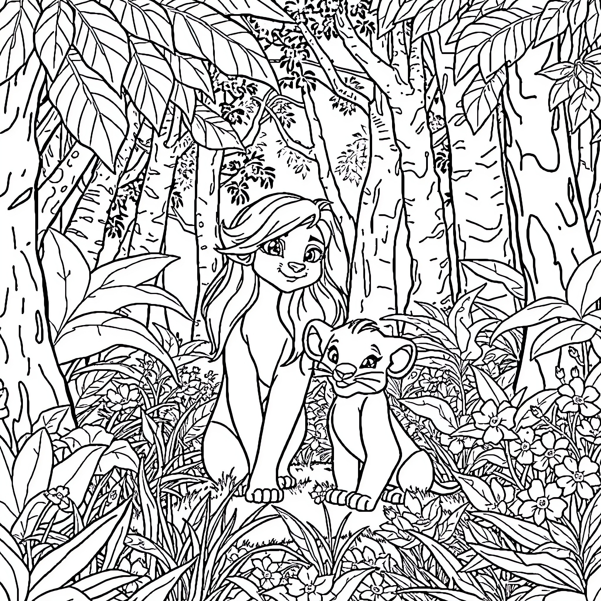 Snow White and her animal friends in the enchanted forest Coloring Page (free black-and-white line drawing printable PDF for all, from beginners to advanced learners, including children, teens, adults, and seniors)