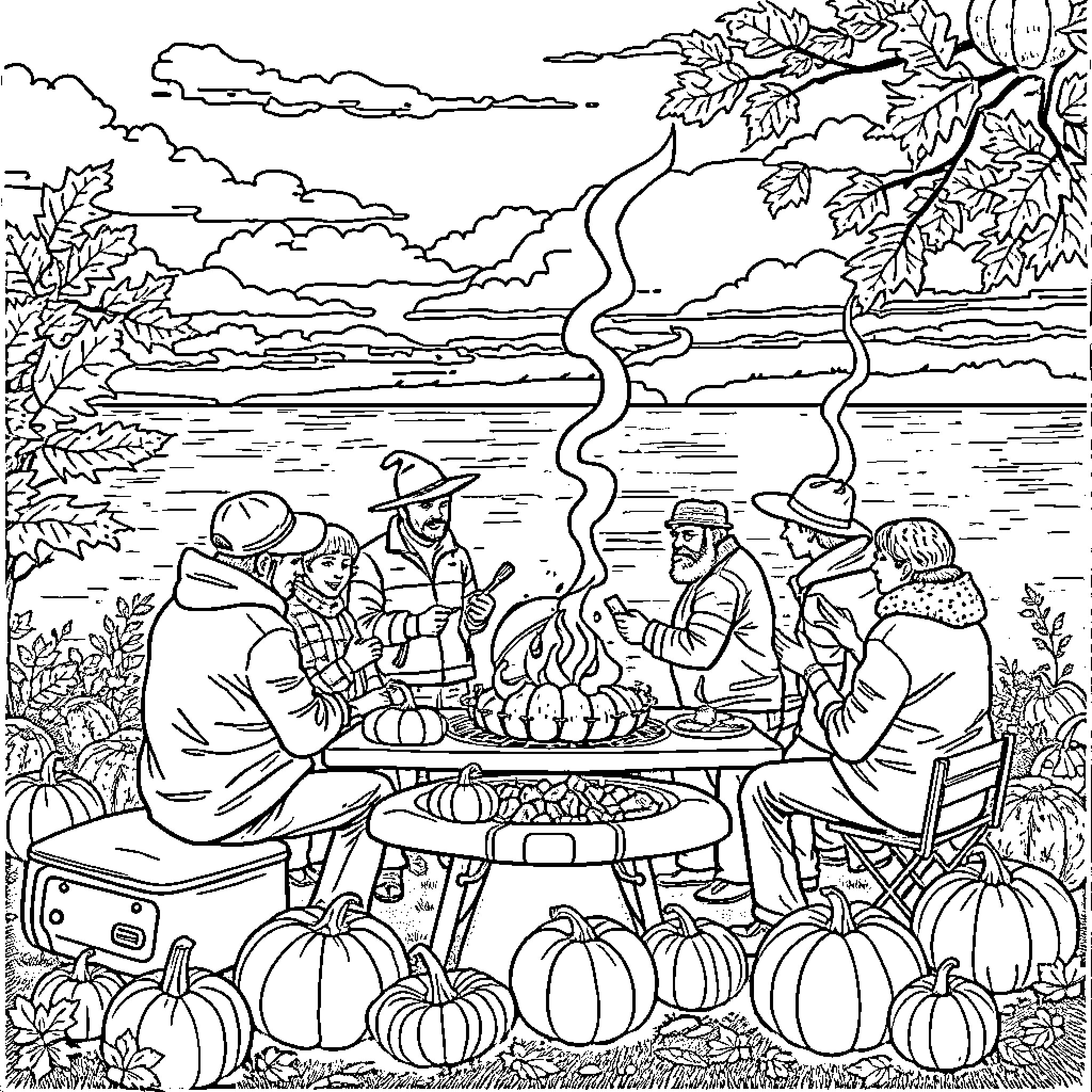 Lake Gathering with Autumn Scenery Coloring Page (free black-and-white line drawing printable PDF for all, from beginners to advanced learners, including children, teens, adults, and seniors)