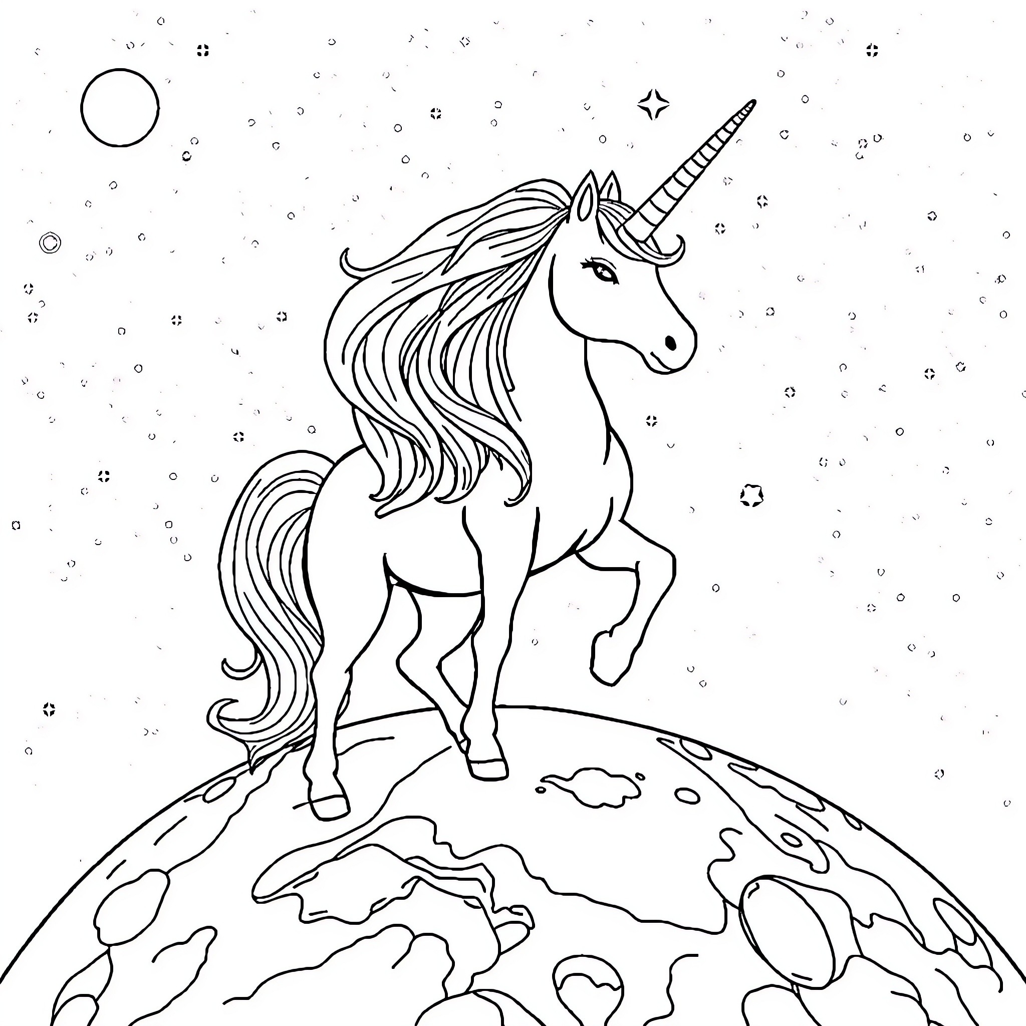 Unicorn standing proud on top of the world Coloring Page (free black-and-white line drawing printable PDF for all, from beginners to advanced learners, including children, teens, adults, and seniors)