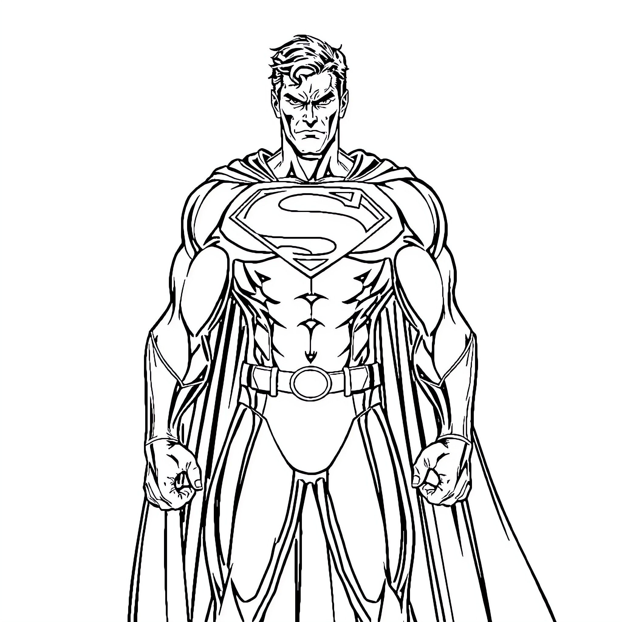 Superman standing heroically in his iconic costume Coloring Page (free black-and-white line drawing printable PDF for all, from beginners to advanced learners, including children, teens, adults, and seniors)