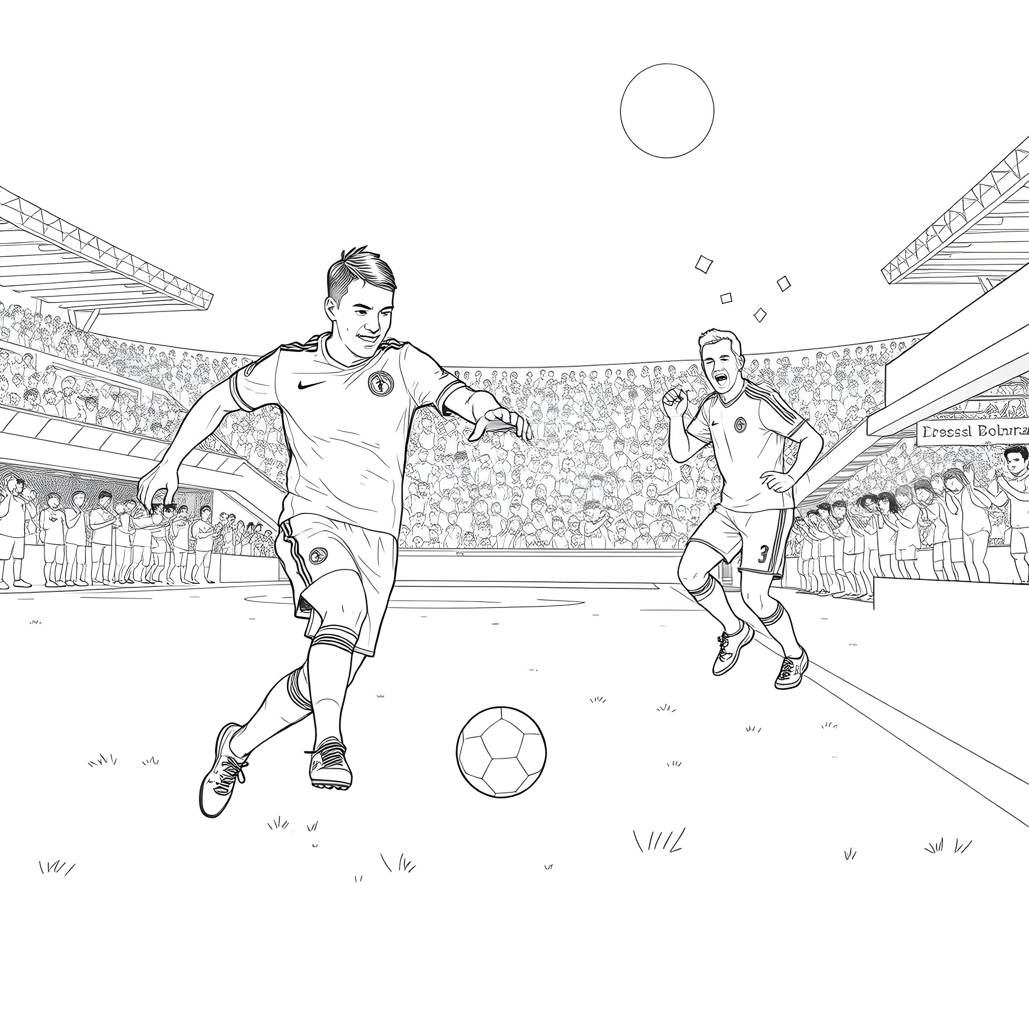 Walter White's Soccer Stars on the Field Coloring Page (free black-and-white line drawing printable PDF for all, from beginners to advanced learners, including children, teens, adults, and seniors)
