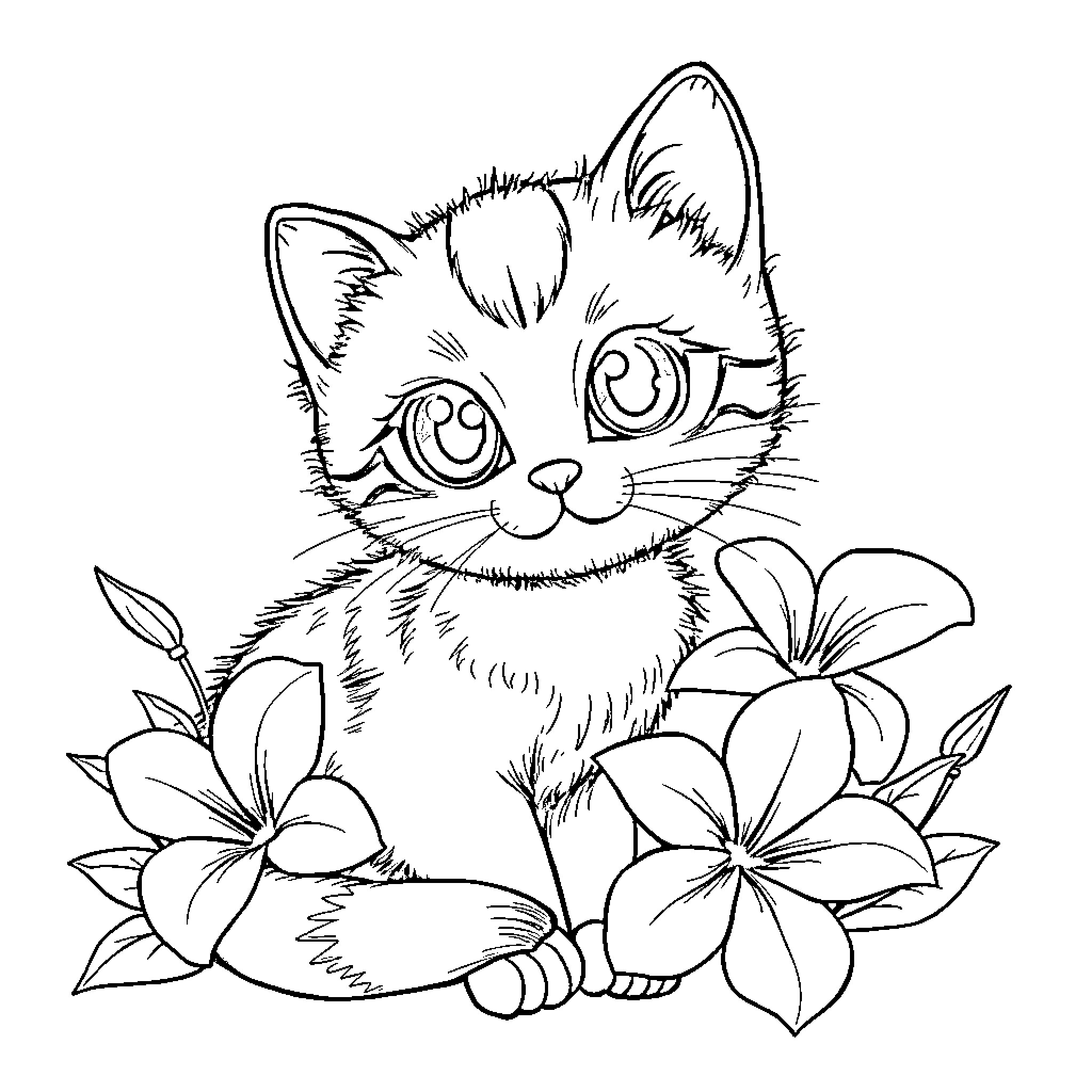 Cat surrounded by flowers Coloring Page (free black-and-white line drawing printable PDF for all, from beginners to advanced learners, including children, teens, adults, and seniors)
