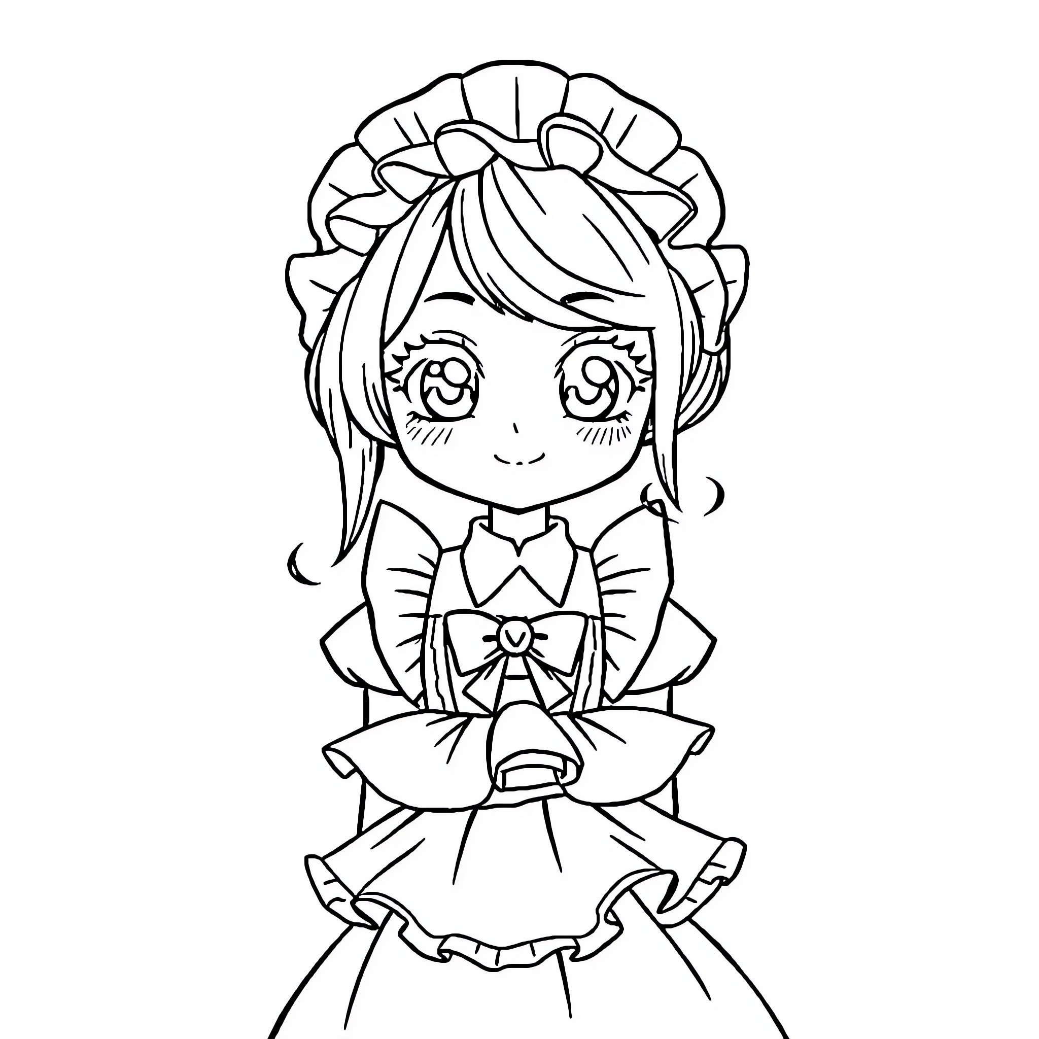 Maid with Cute Expressions and Adorned Outfit Coloring Page (free black-and-white line drawing printable PDF for all, from beginners to advanced learners, including children, teens, adults, and seniors)
