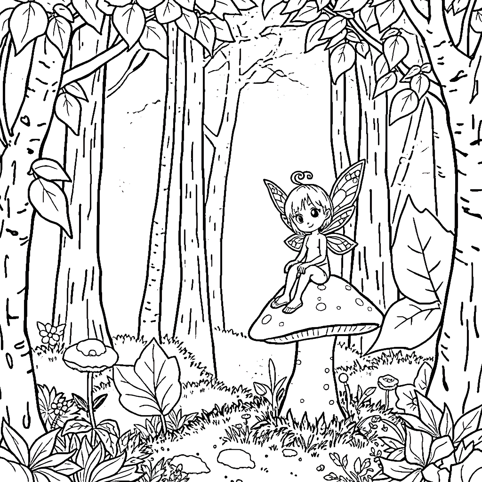 Fairy exploring whimsical mushroom forest scene Coloring Page (free black-and-white line drawing printable PDF for all, from beginners to advanced learners, including children, teens, adults, and seniors)
