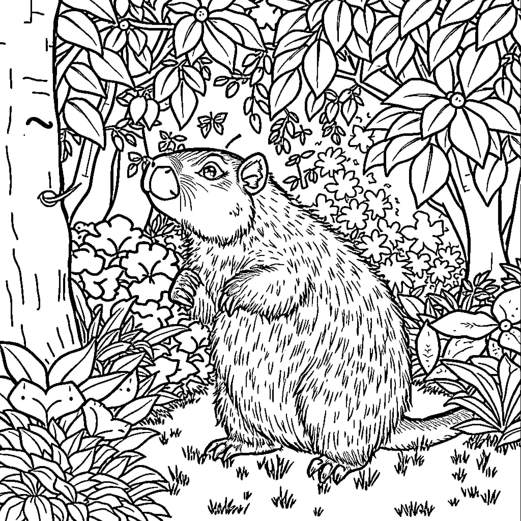 Capybara in a lush, floral forest Coloring Page (free black-and-white line drawing printable PDF for all, from beginners to advanced learners, including children, teens, adults, and seniors)