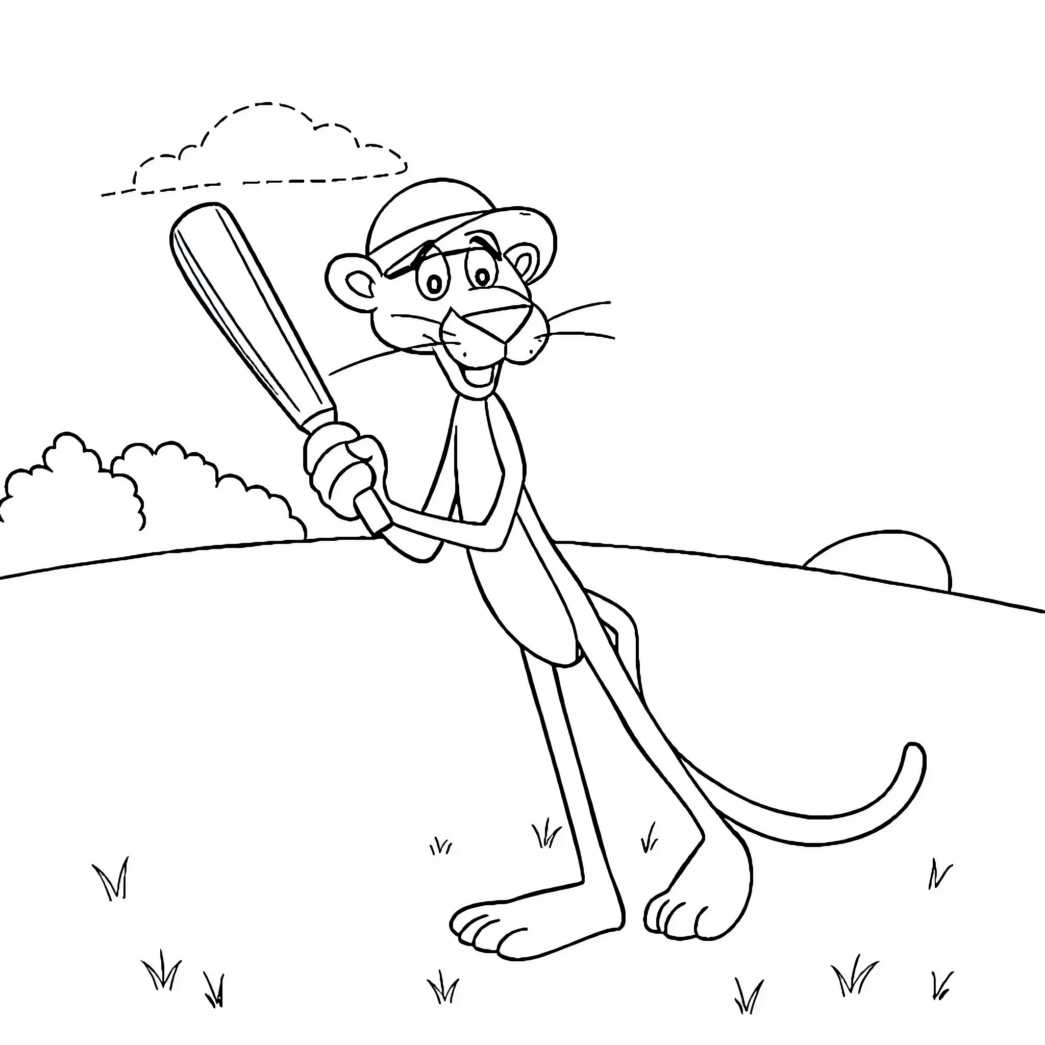 Pink Panther playing baseball in the field Coloring Page (free black-and-white line drawing printable PDF for all, from beginners to advanced learners, including children, teens, adults, and seniors)