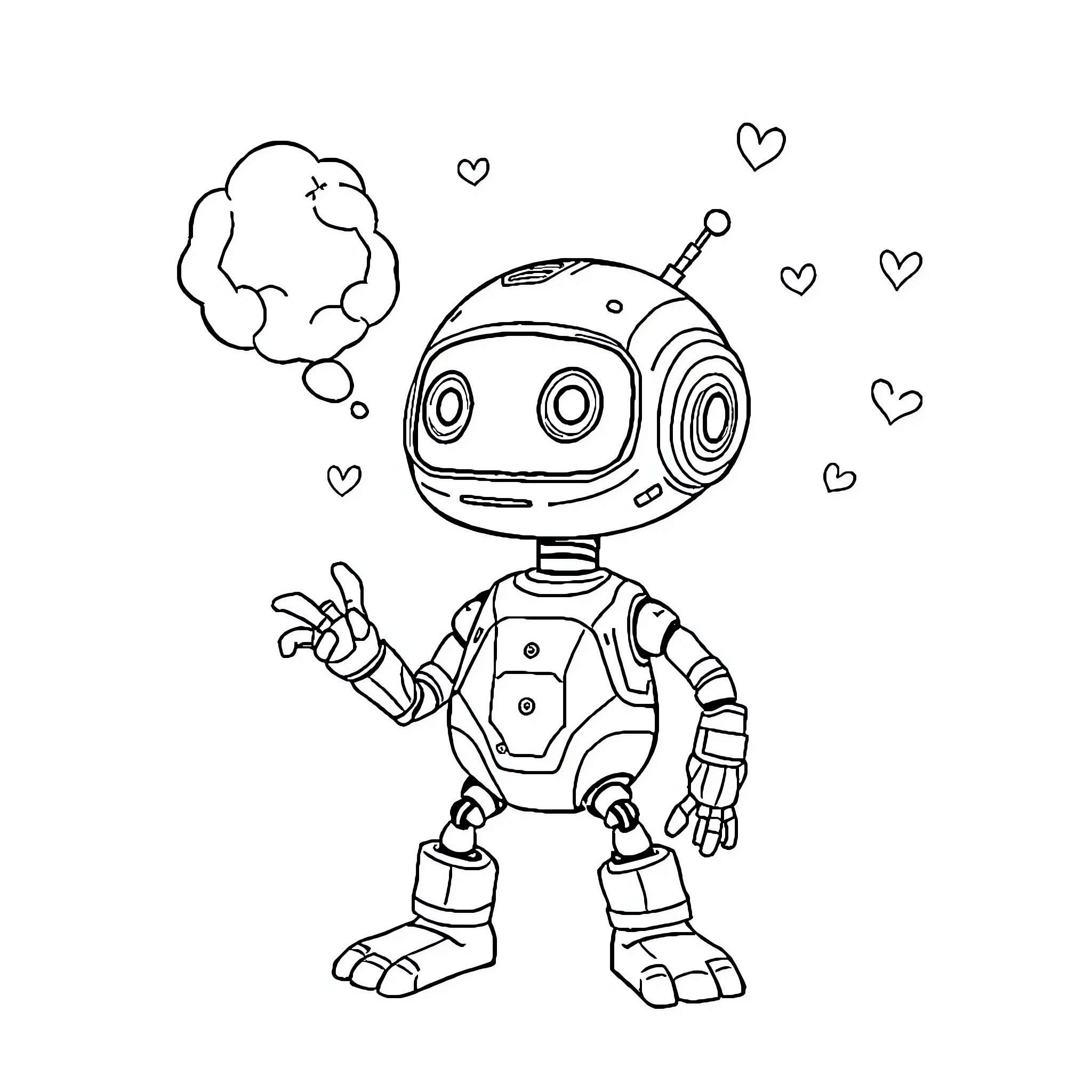 AI Robot expressing love with hearts Coloring Page (free black-and-white line drawing printable PDF for all, from beginners to advanced learners, including children, teens, adults, and seniors)