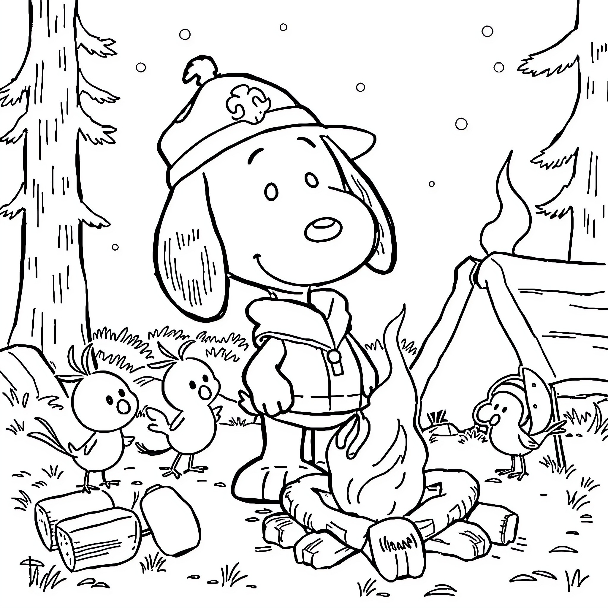 Snoopy and his friends enjoy a snowy camping adventure Coloring Page (free black-and-white line drawing printable PDF for all, from beginners to advanced learners, including children, teens, adults, and seniors)