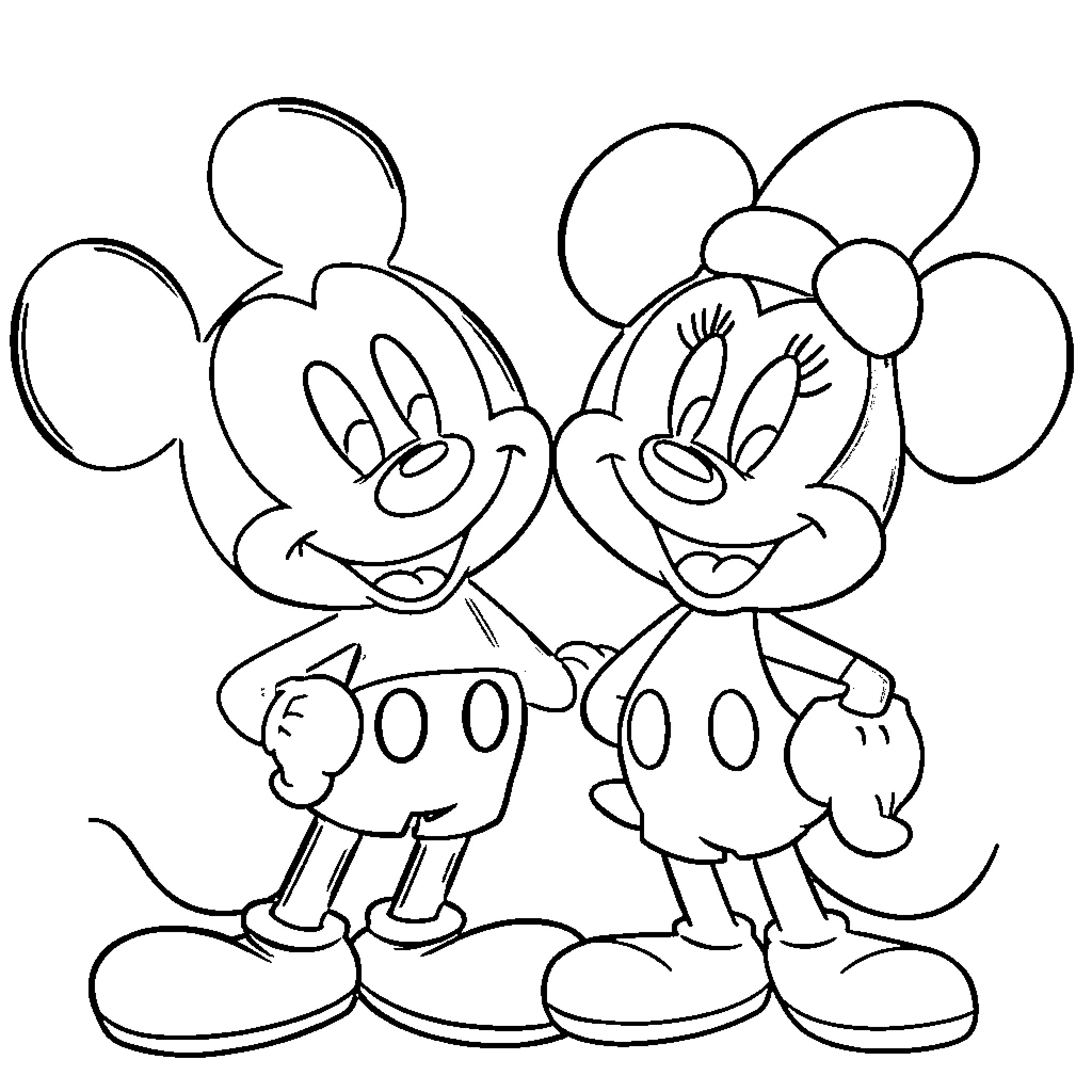 Mickey Mouse and Minnie Mouse embracing happily Coloring Page (free black-and-white line drawing printable PDF for all, from beginners to advanced learners, including children, teens, adults, and seniors)