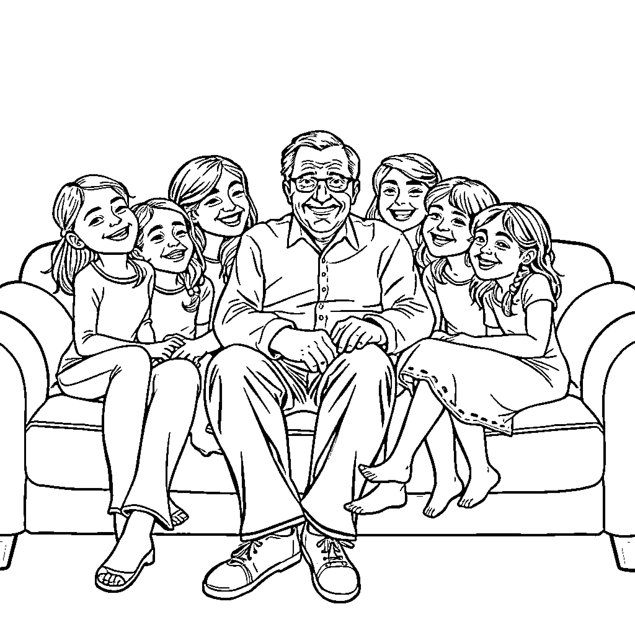 Grandparent enjoying quality time with family Coloring Page (free black-and-white line drawing printable PDF for all, from beginners to advanced learners, including children, teens, adults, and seniors)