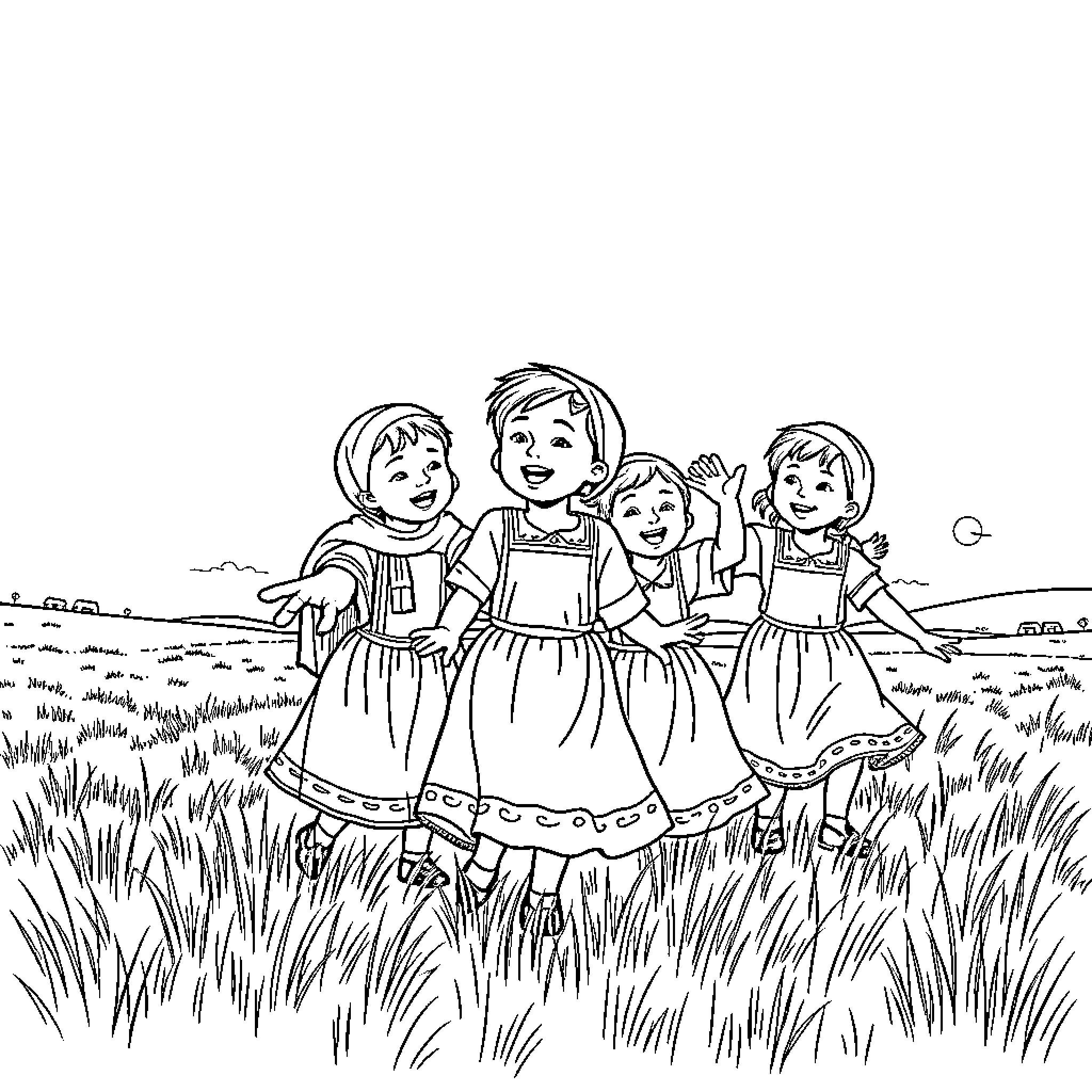 Child friends playing happily in the meadow Coloring Page (free black-and-white line drawing printable PDF for all, from beginners to advanced learners, including children, teens, adults, and seniors)