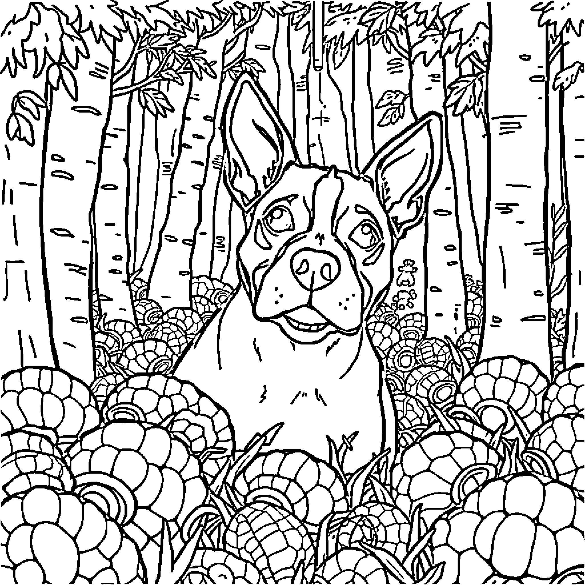 Bull Terrier exploring lush forest scenery Coloring Page (free black-and-white line drawing printable PDF for all, from beginners to advanced learners, including children, teens, adults, and seniors)