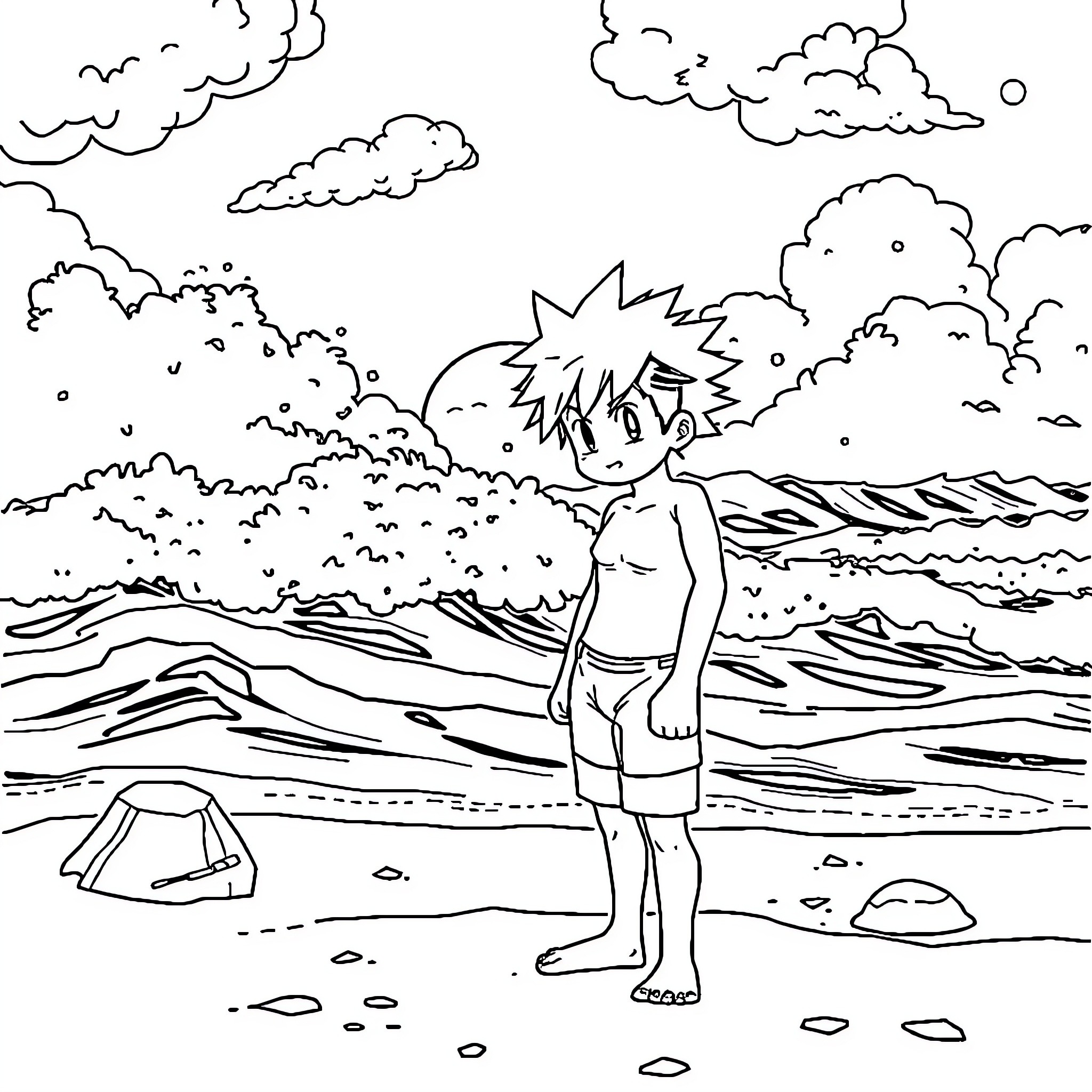 Bakugo enjoying the outdoors by the beach Coloring Page (free black-and-white line drawing printable PDF for all, from beginners to advanced learners, including children, teens, adults, and seniors)