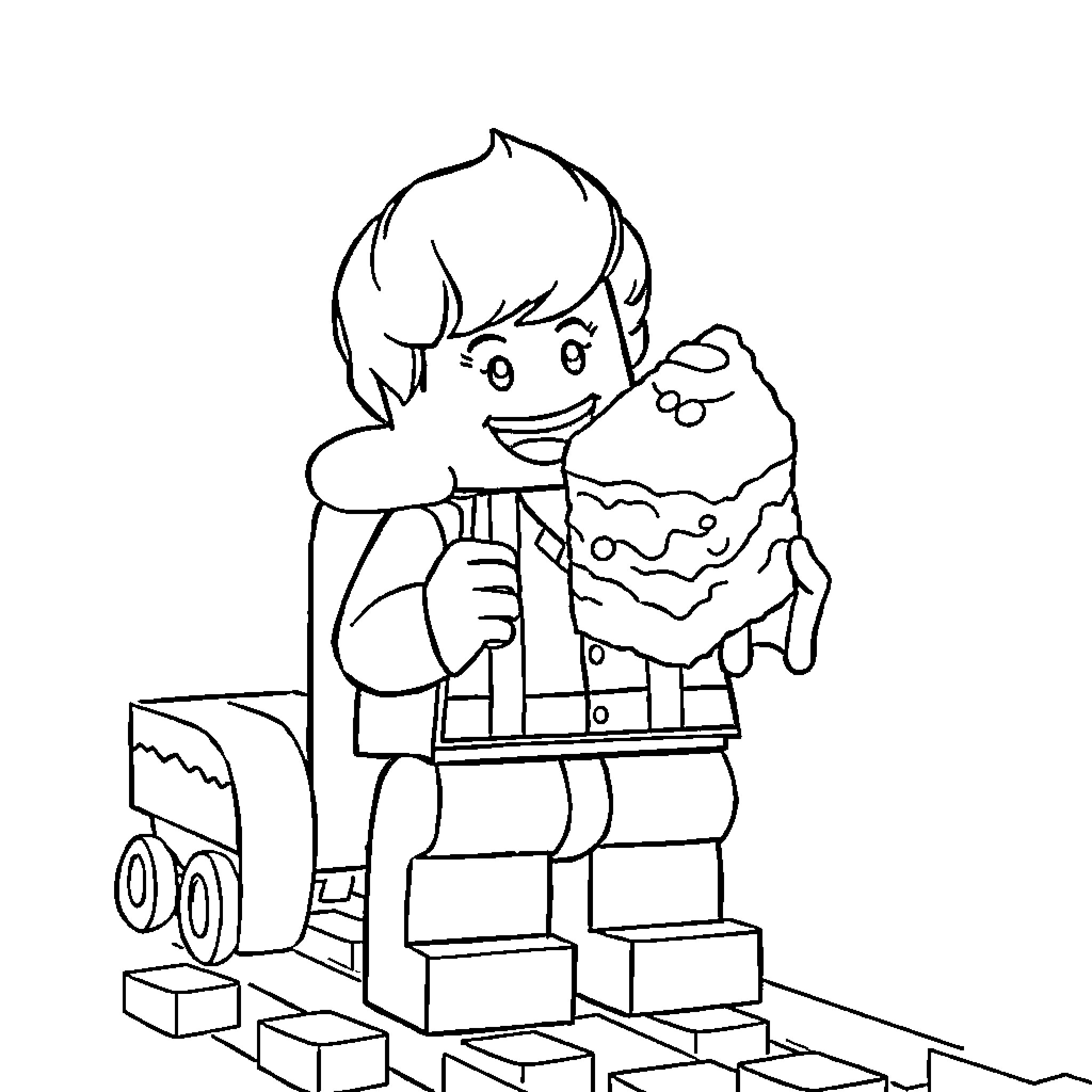 Lego figure playing with brick model Coloring Page (free black-and-white line drawing printable PDF for all, from beginners to advanced learners, including children, teens, adults, and seniors)