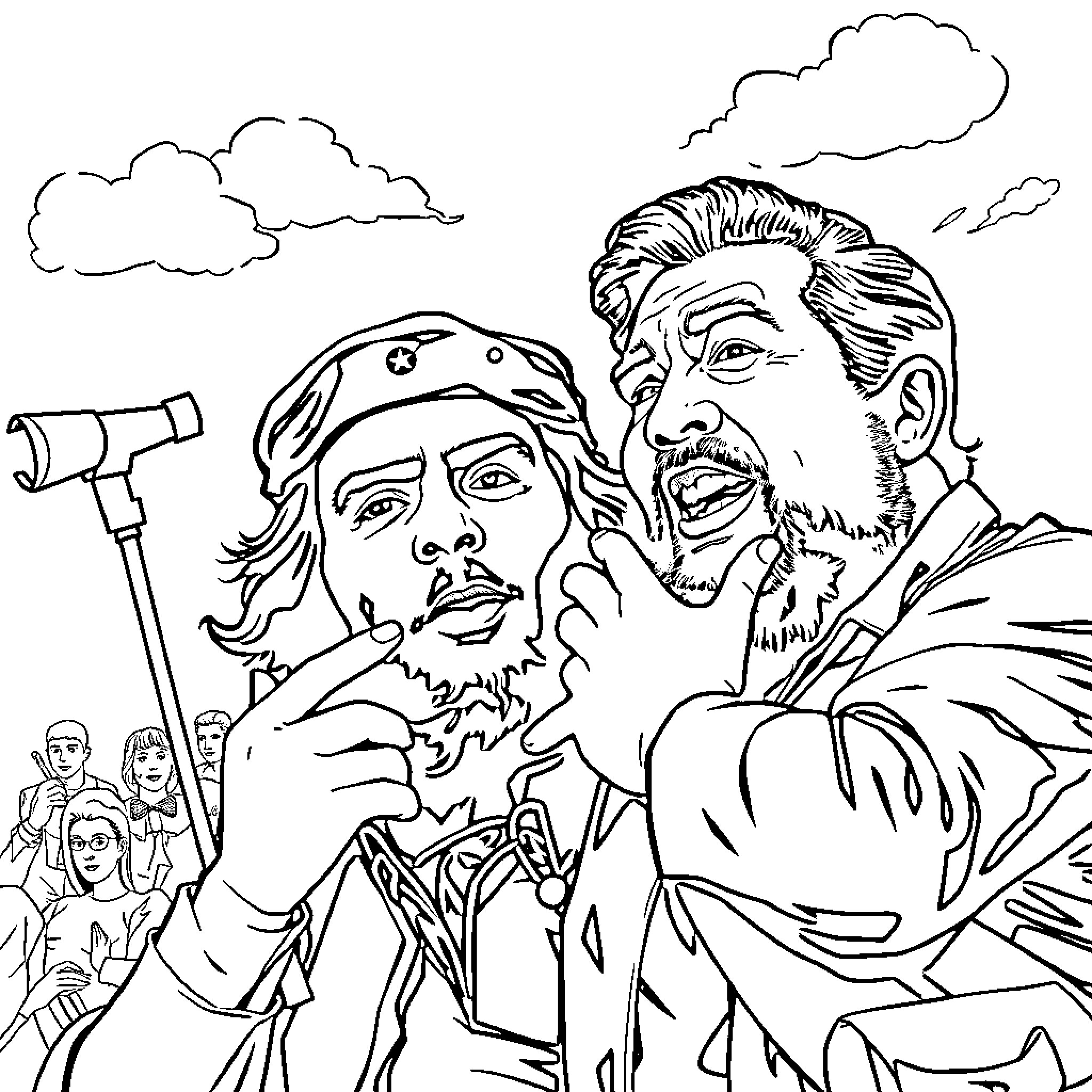 Che Guevara and Comrade in Revolutionary Fervor Coloring Page (free black-and-white line drawing printable PDF for all, from beginners to advanced learners, including children, teens, adults, and seniors)