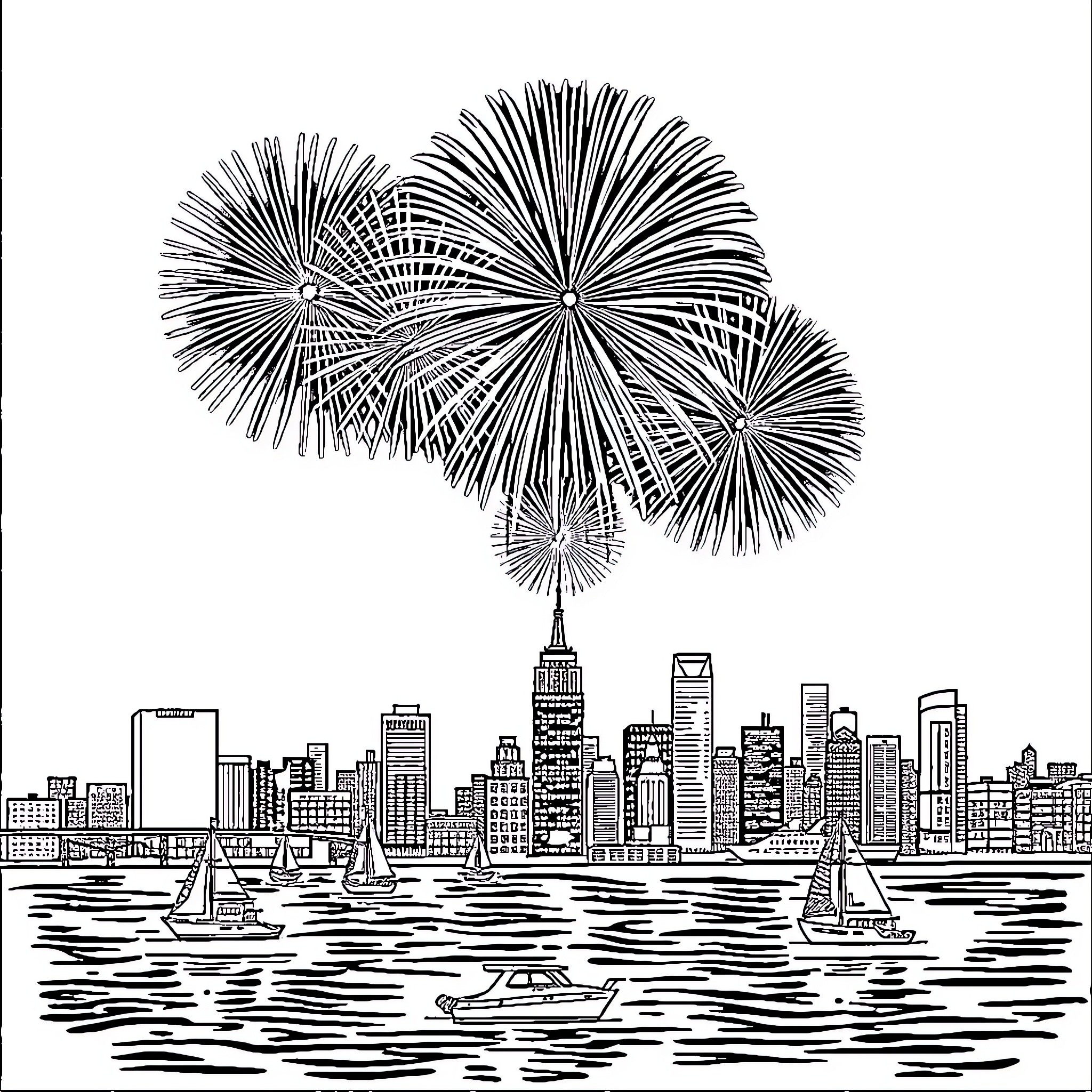 Firework display over a city skyline Coloring Page (free black-and-white line drawing printable PDF for all, from beginners to advanced learners, including children, teens, adults, and seniors)