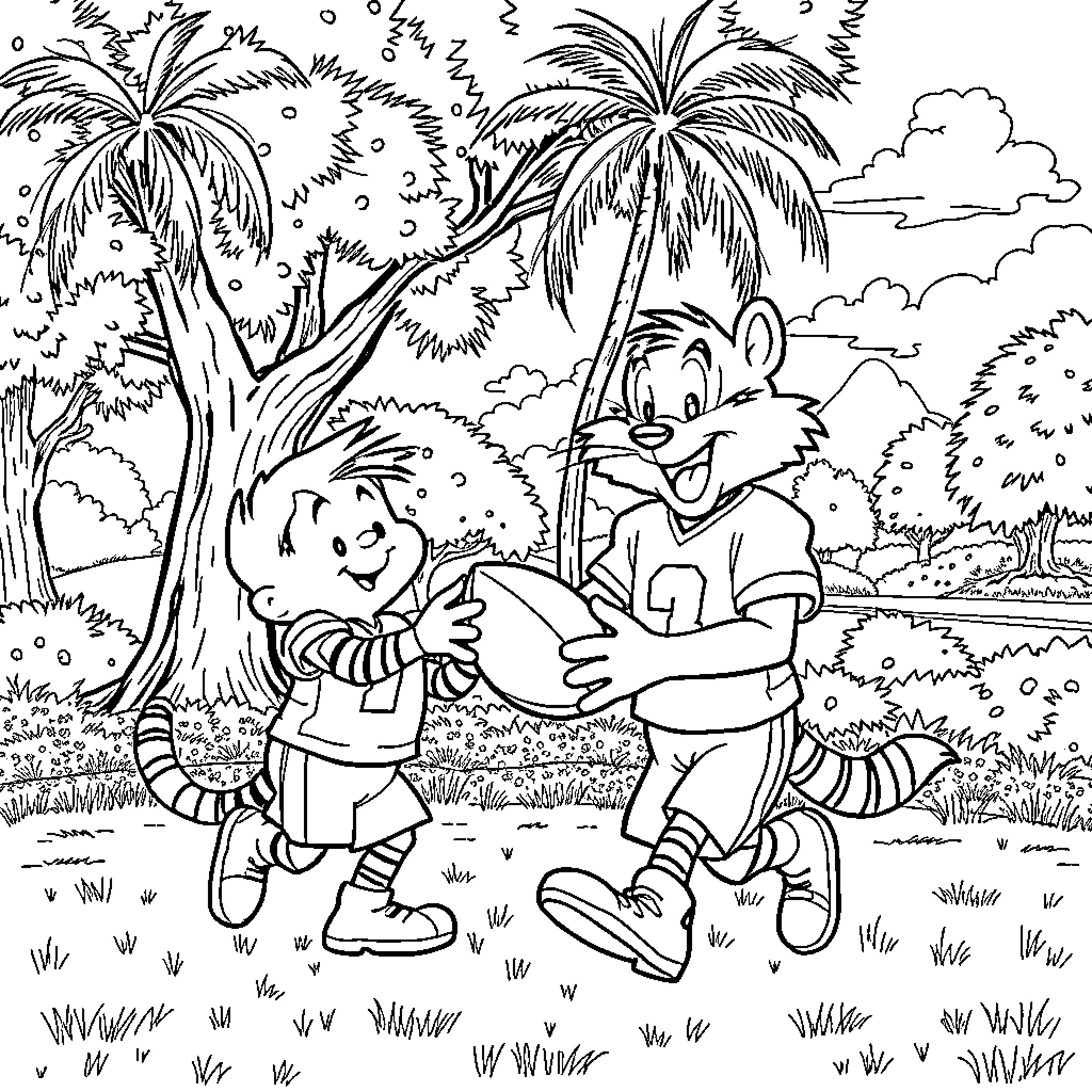 Calvin and Hobbes play in the tropical jungle Coloring Page (free black-and-white line drawing printable PDF for all, from beginners to advanced learners, including children, teens, adults, and seniors)