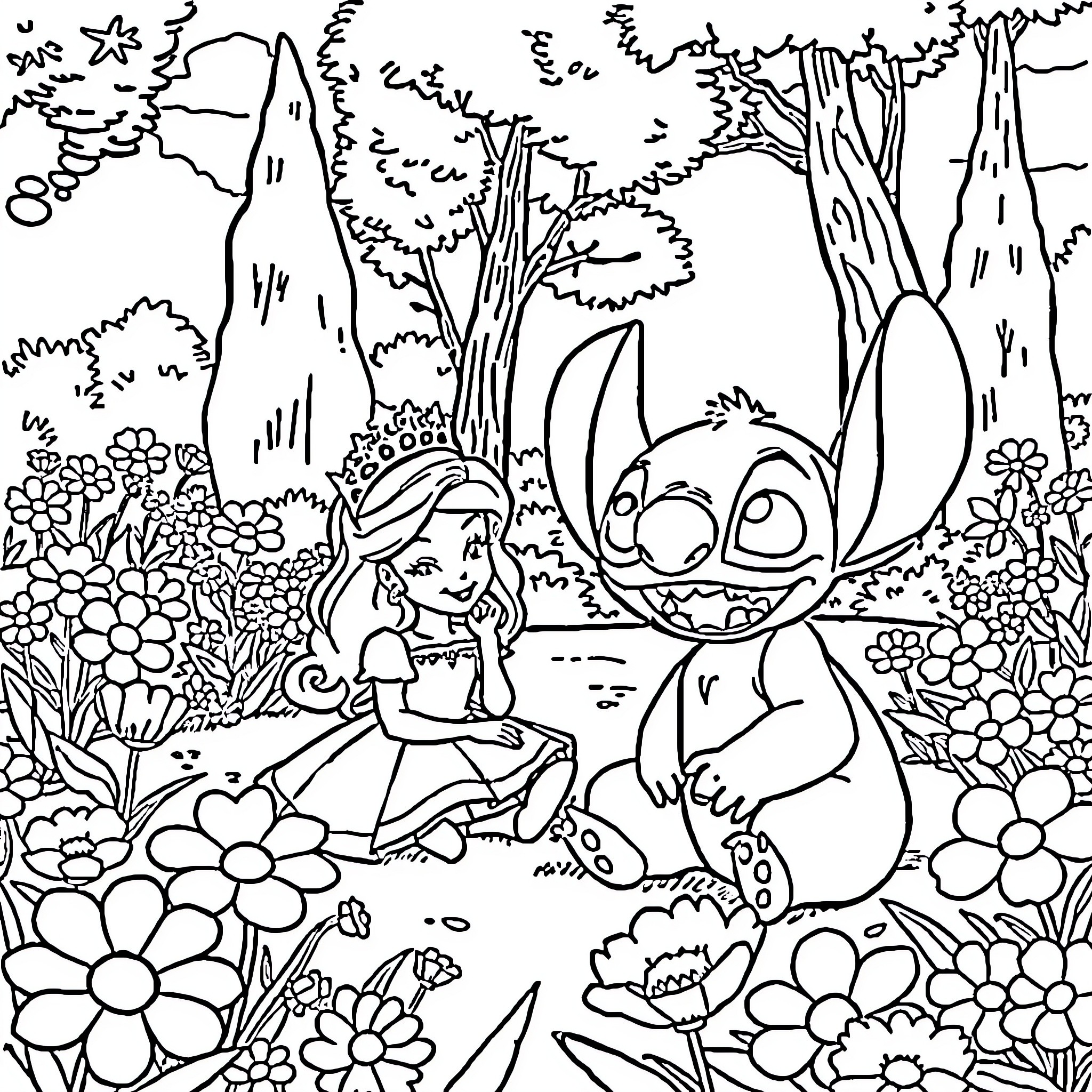 Stitch exploring a whimsical floral garden with a girl Coloring Page (free black-and-white line drawing printable PDF for all, from beginners to advanced learners, including children, teens, adults, and seniors)