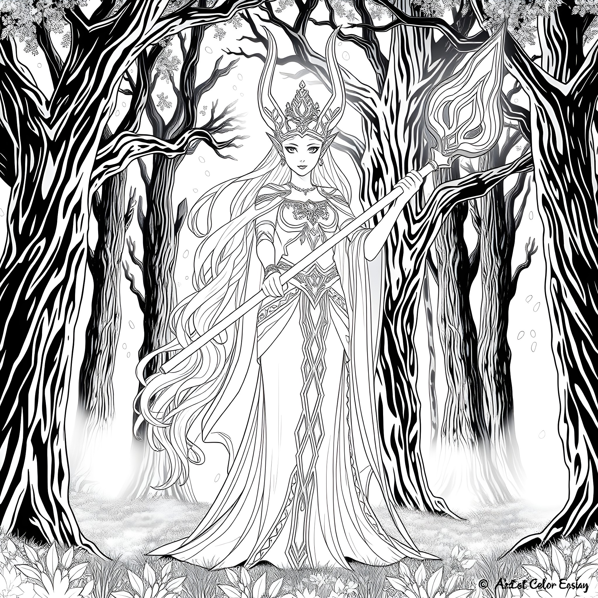 Soraka the Forest Goddess in her mystical realm Coloring Page (free black-and-white line drawing printable PDF for all, from beginners to advanced learners, including children, teens, adults, and seniors)