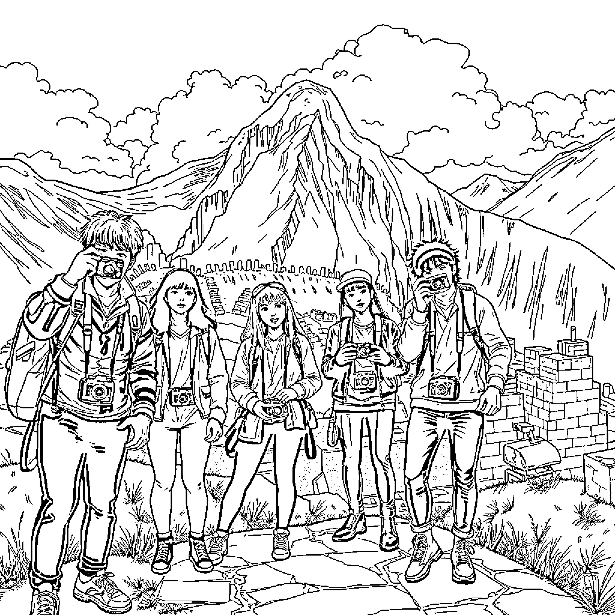 K Pop Warrior Explorers in the Mountain Wilderness Coloring Page (free black-and-white line drawing printable PDF for all, from beginners to advanced learners, including children, teens, adults, and seniors)