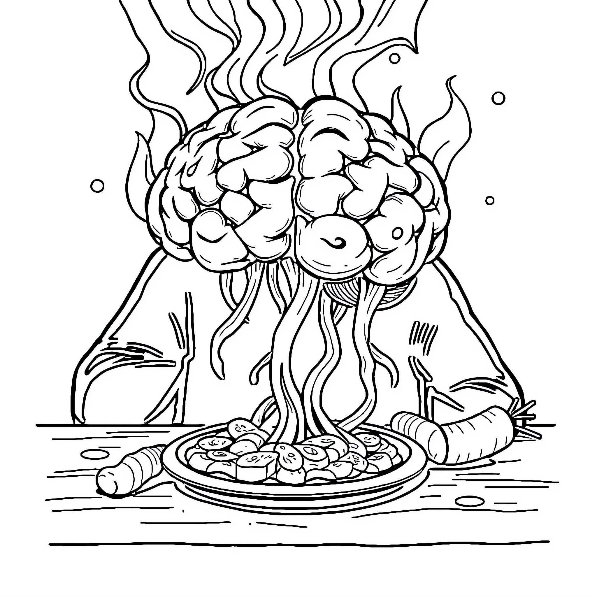 Brain cooking delicious food on stove Coloring Page (free black-and-white line drawing printable PDF for all, from beginners to advanced learners, including children, teens, adults, and seniors)