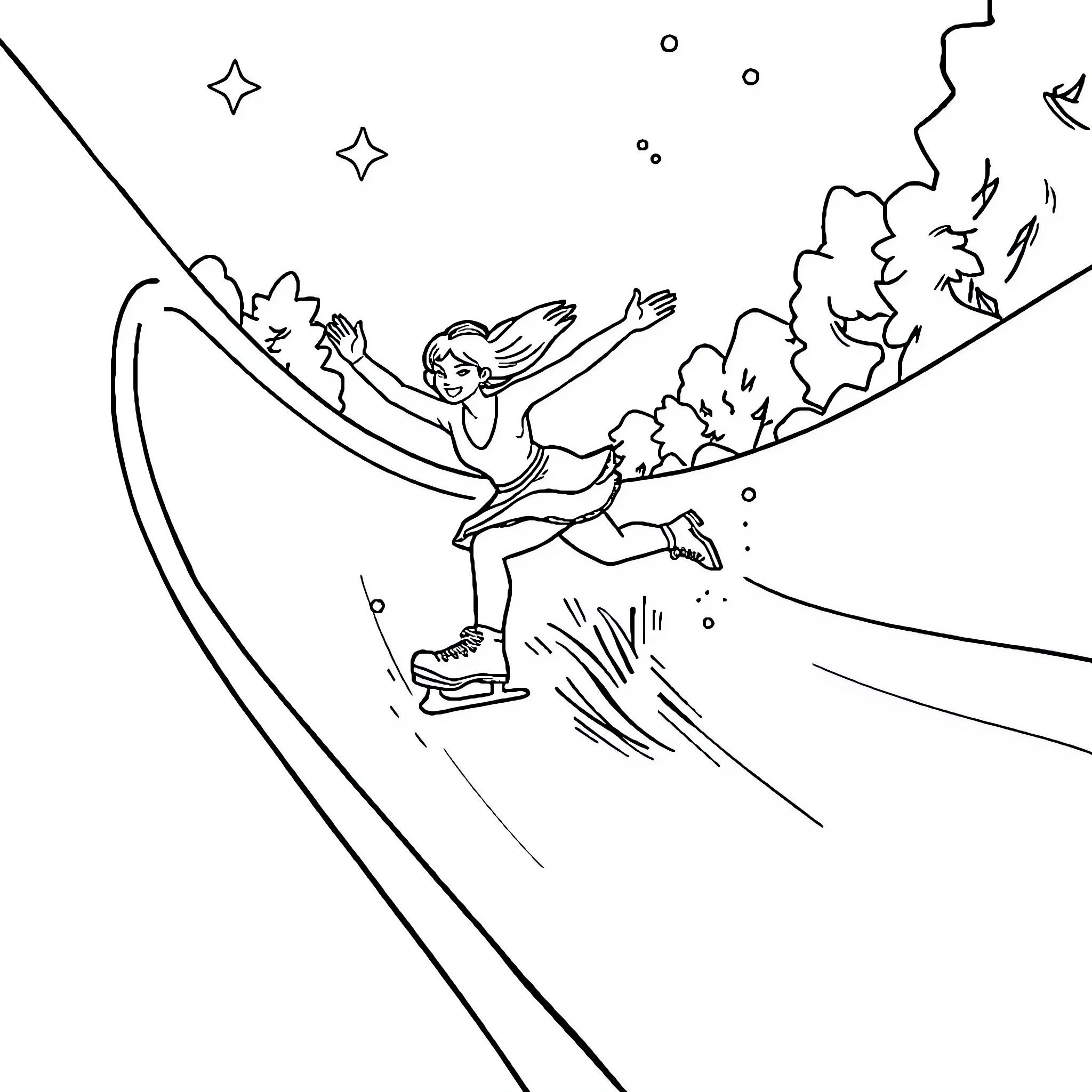 Figureskater performing graceful routine on ice rink Coloring Page (free black-and-white line drawing printable PDF for all, from beginners to advanced learners, including children, teens, adults, and seniors)