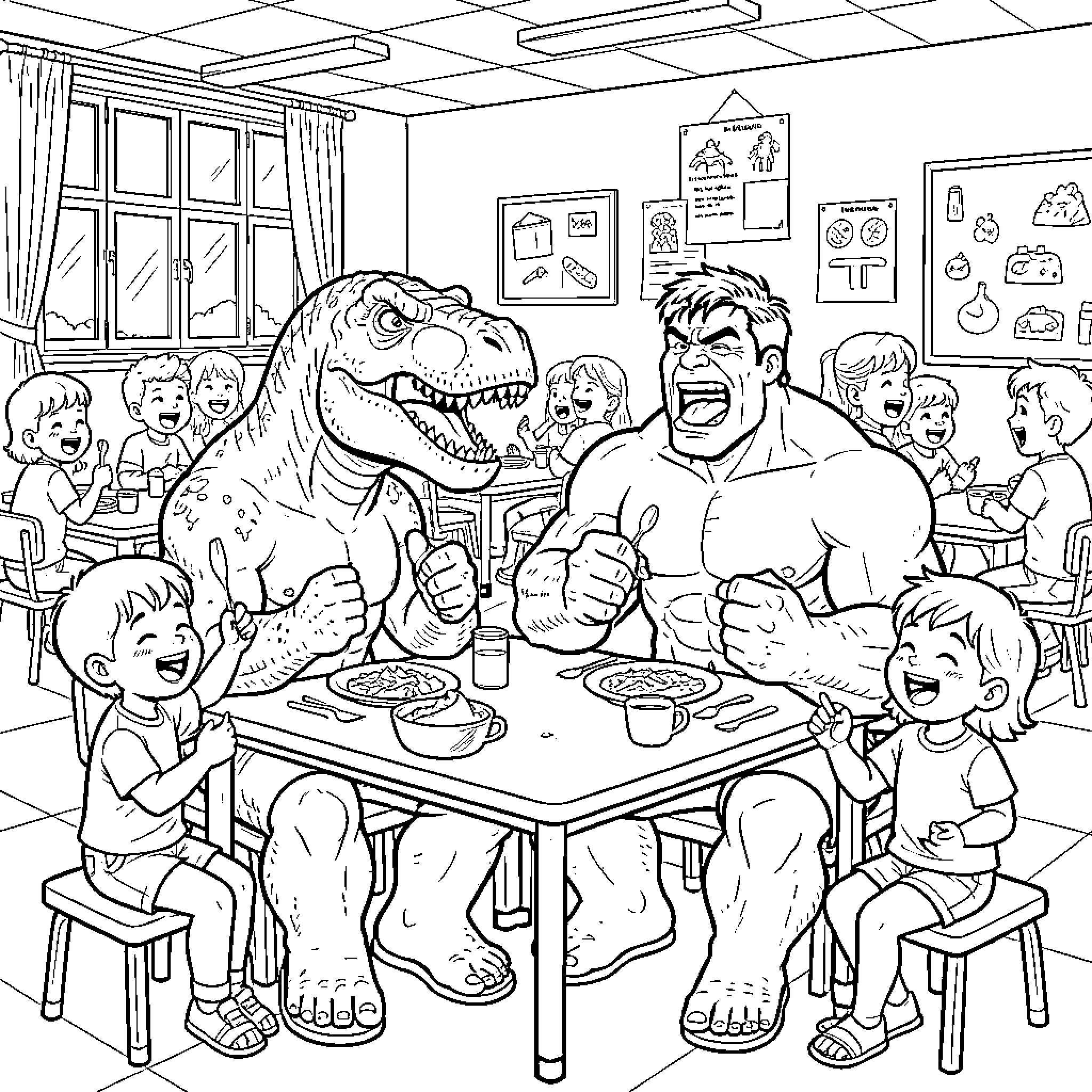Tiranosaure sharing a meal with excited children Coloring Page (free black-and-white line drawing printable PDF for all, from beginners to advanced learners, including children, teens, adults, and seniors)
