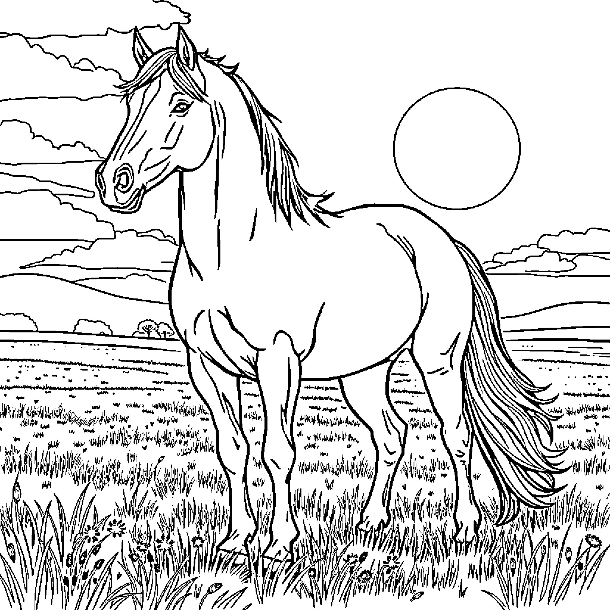 Horse standing proudly in a grassy field Coloring Page (free black-and-white line drawing printable PDF for all, from beginners to advanced learners, including children, teens, adults, and seniors)