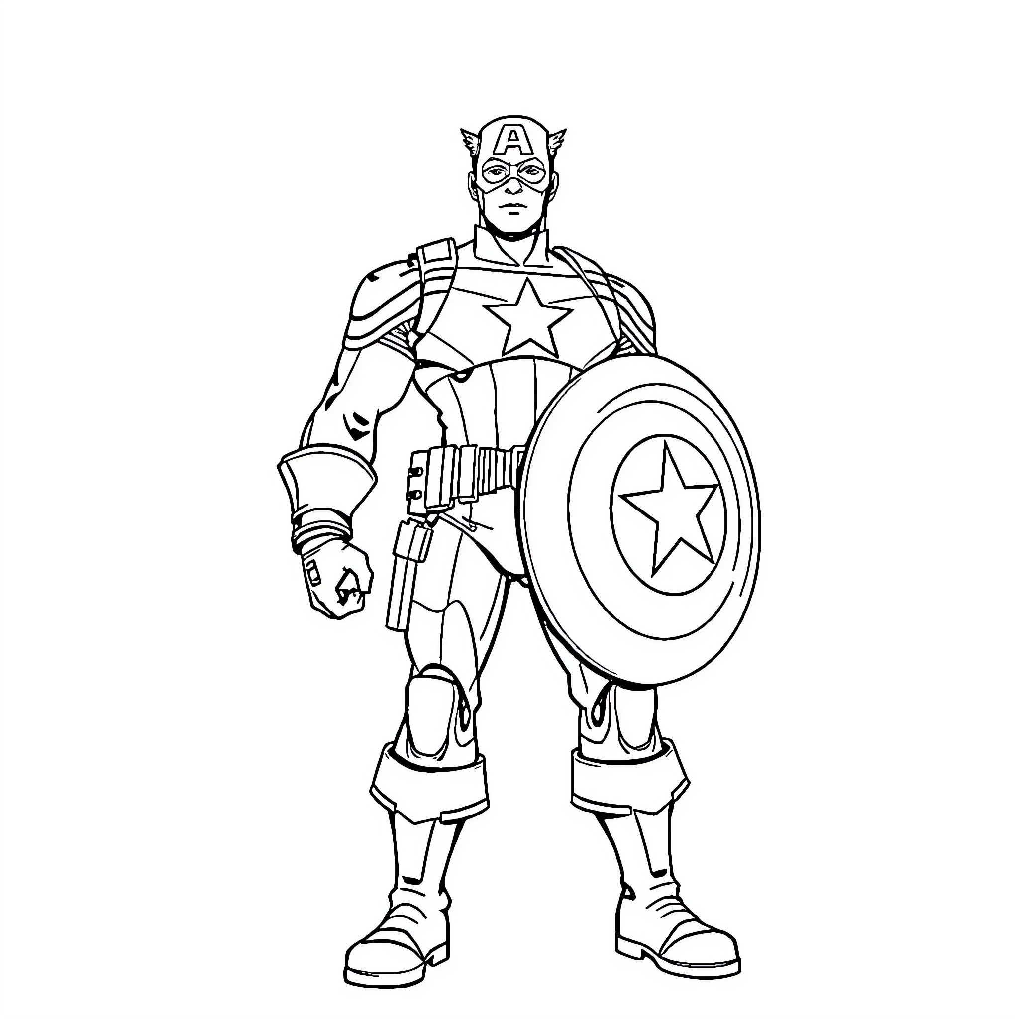 Captain America standing with shield and uniform Coloring Page (free black-and-white line drawing printable PDF for all, from beginners to advanced learners, including children, teens, adults, and seniors)
