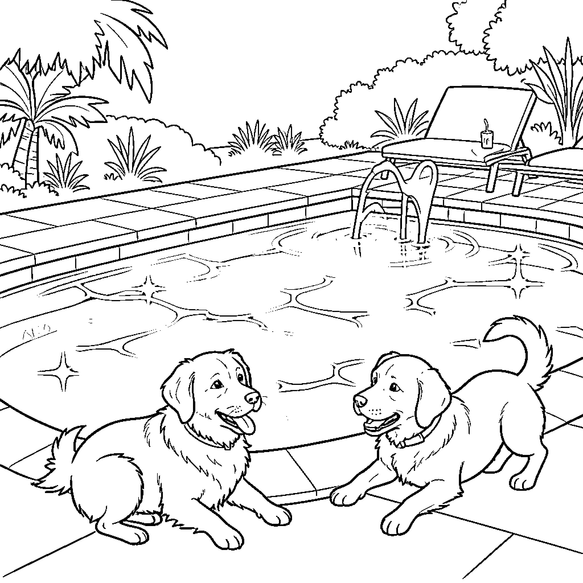 Dog puppies playing joyfully by a swimming pool Coloring Page (free black-and-white line drawing printable PDF for all, from beginners to advanced learners, including children, teens, adults, and seniors)