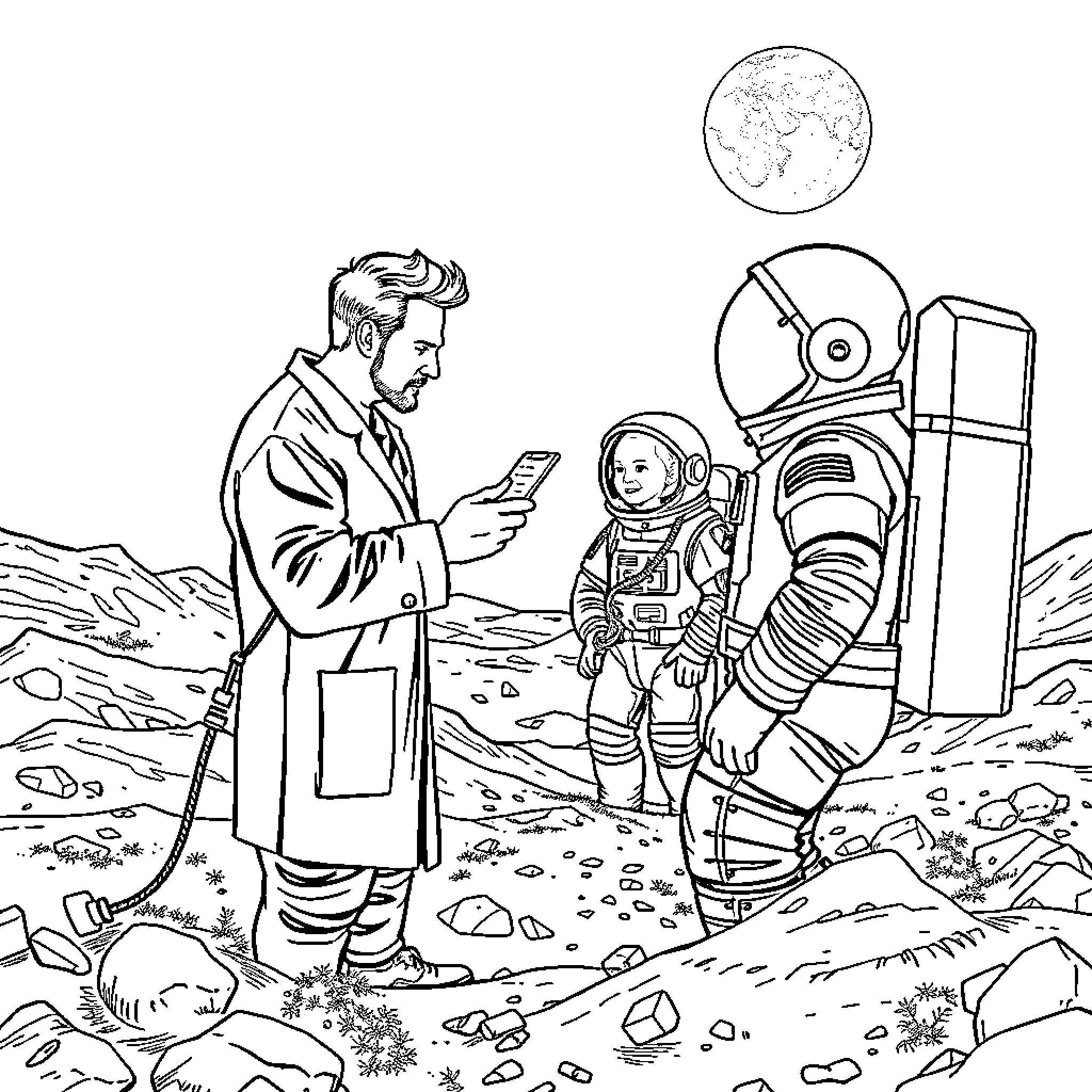 Medication for Astronauts on the Moon Coloring Page (free black-and-white line drawing printable PDF for all, from beginners to advanced learners, including children, teens, adults, and seniors)