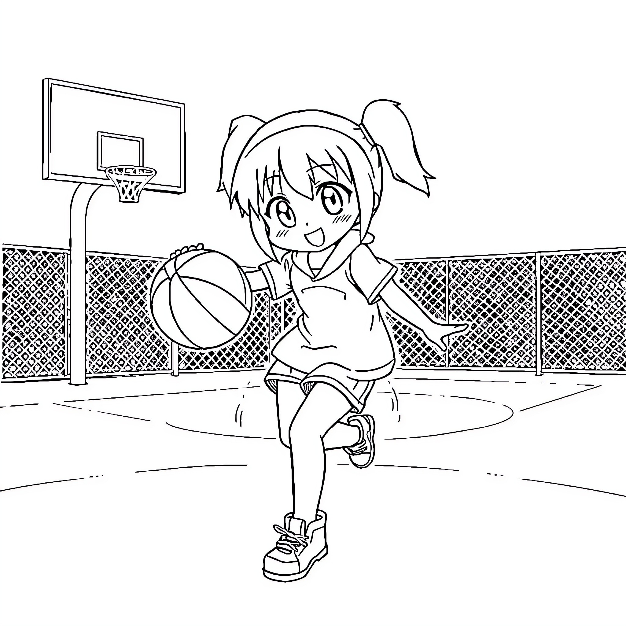 Kuromi playing basketball on the court Coloring Page (free black-and-white line drawing printable PDF for all, from beginners to advanced learners, including children, teens, adults, and seniors)