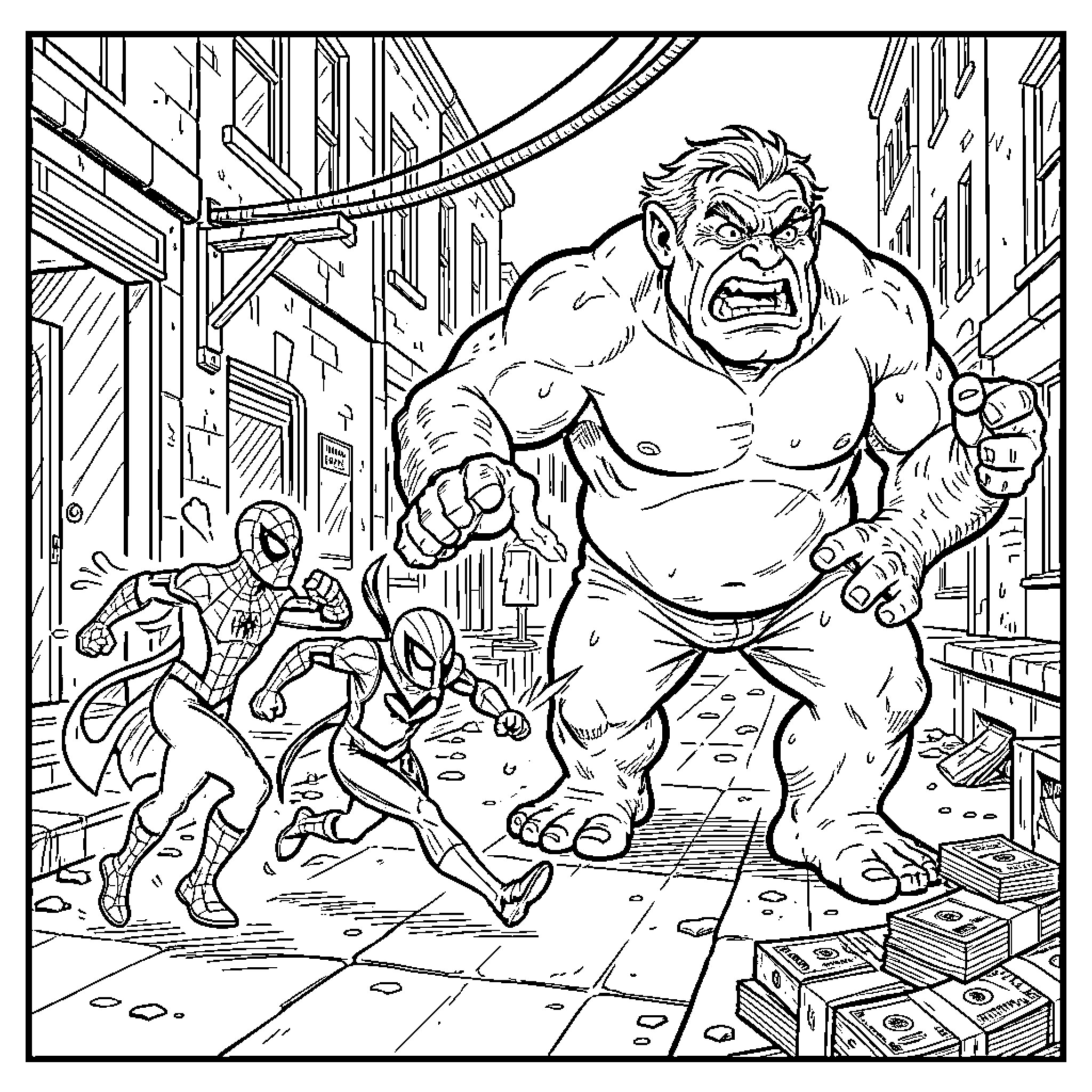 Spider-Man and allies facing a large angry creature Coloring Page (free black-and-white line drawing printable PDF for all, from beginners to advanced learners, including children, teens, adults, and seniors)