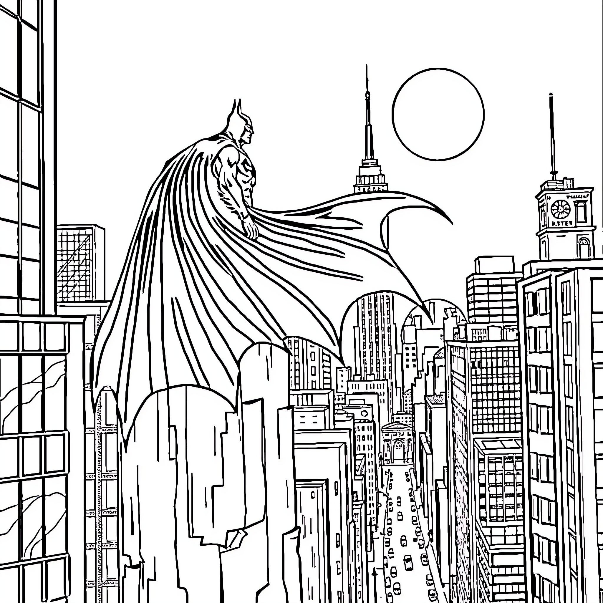 Batman soaring over the city skyline Coloring Page (free black-and-white line drawing printable PDF for all, from beginners to advanced learners, including children, teens, adults, and seniors)