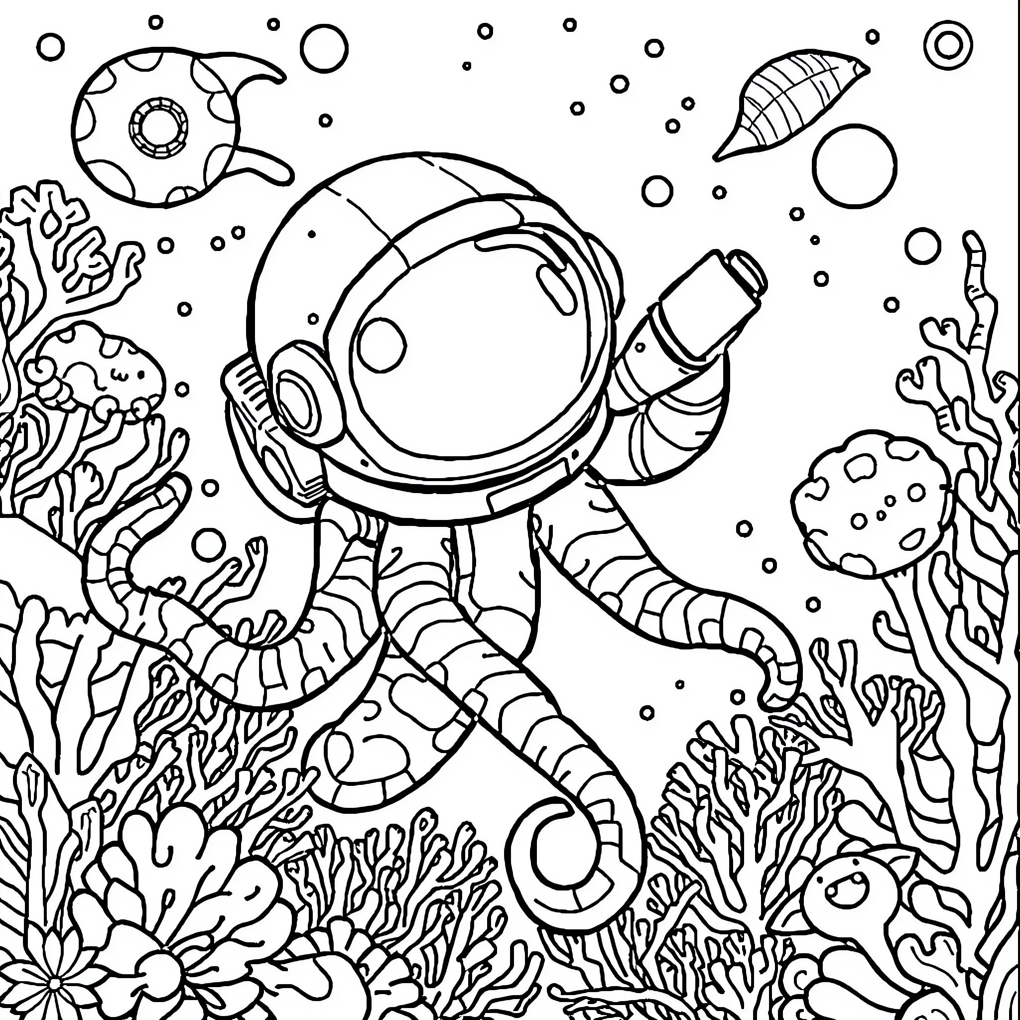 Octonaut exploring the vibrant underwater world Coloring Page (free black-and-white line drawing printable PDF for all, from beginners to advanced learners, including children, teens, adults, and seniors)