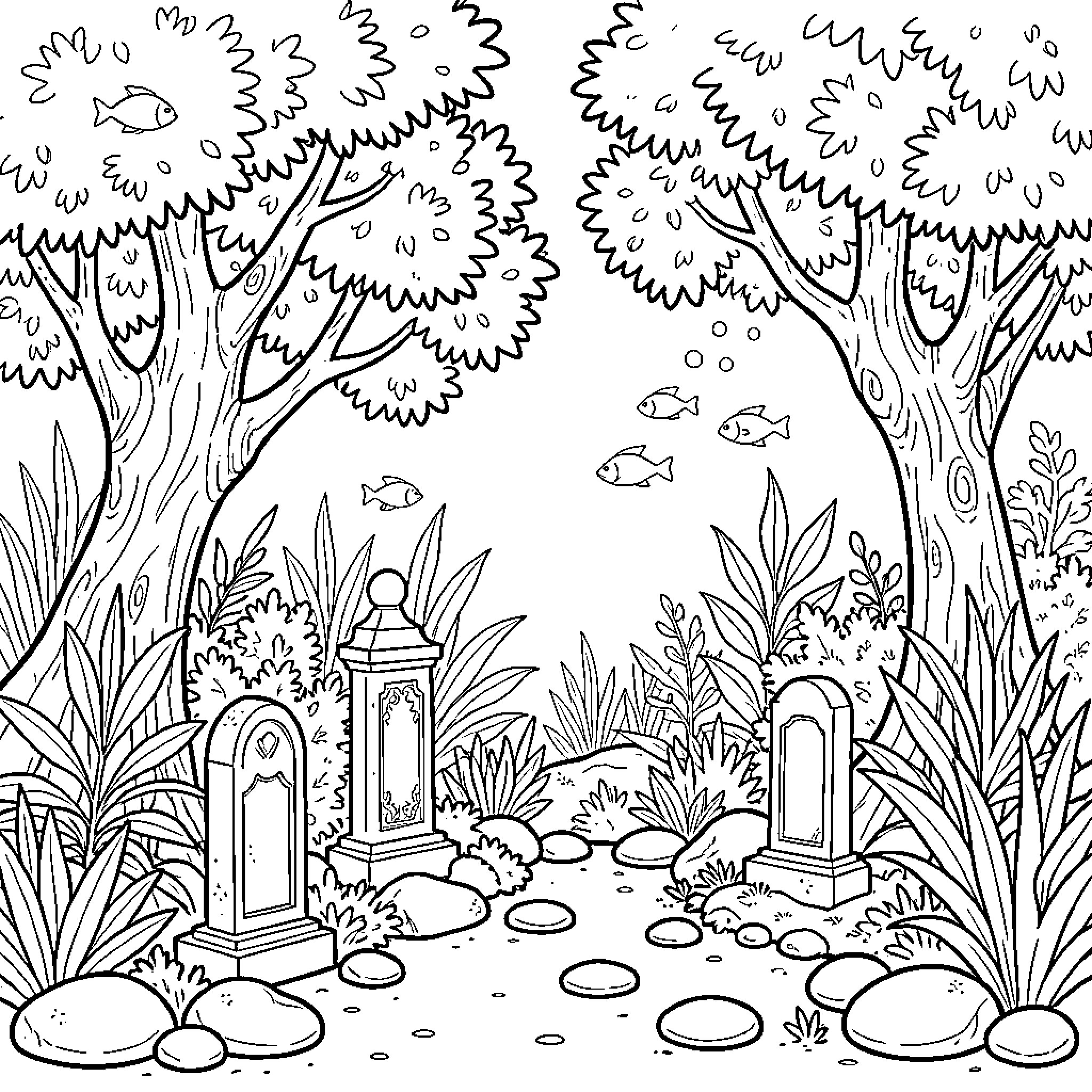 Aquarium fish swimming amidst lush garden scenery Coloring Page (free black-and-white line drawing printable PDF for all, from beginners to advanced learners, including children, teens, adults, and seniors)