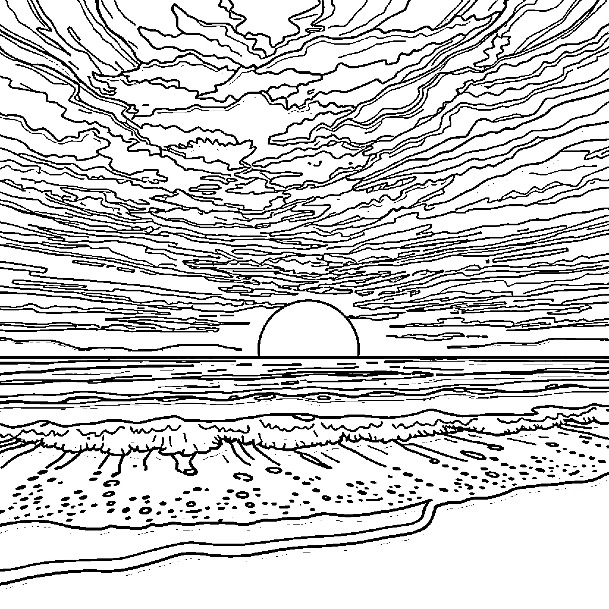 Beach Sunset Panorama Coloring Page (free black-and-white line drawing printable PDF for all, from beginners to advanced learners, including children, teens, adults, and seniors)